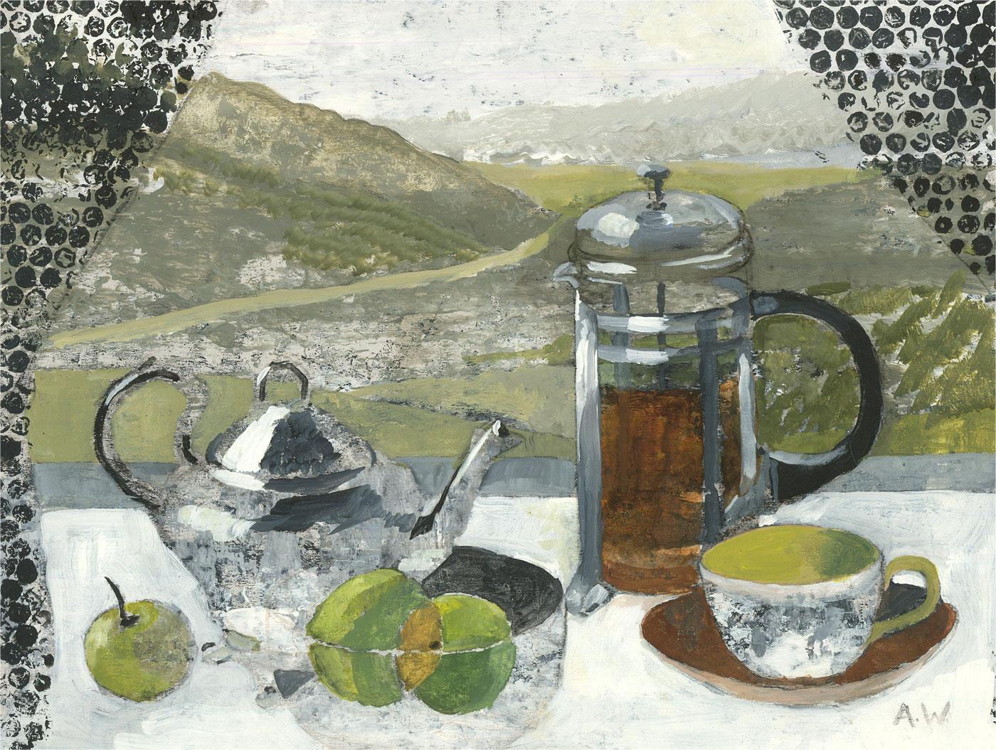 A very fine still life in acrylic by the artist Anne Williams, depicting a cafetiere of coffee, with a silver coffee pot and a bowl of fruit, looking out onto rolling hills, likely to be Yorkshire. Monogrammed to the lower right. On board.
