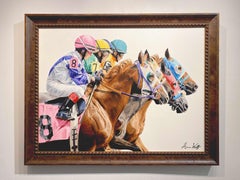 Anne Wolff, "Y se van", Pintura al óleo sobre lienzo sobre carreras de caballos