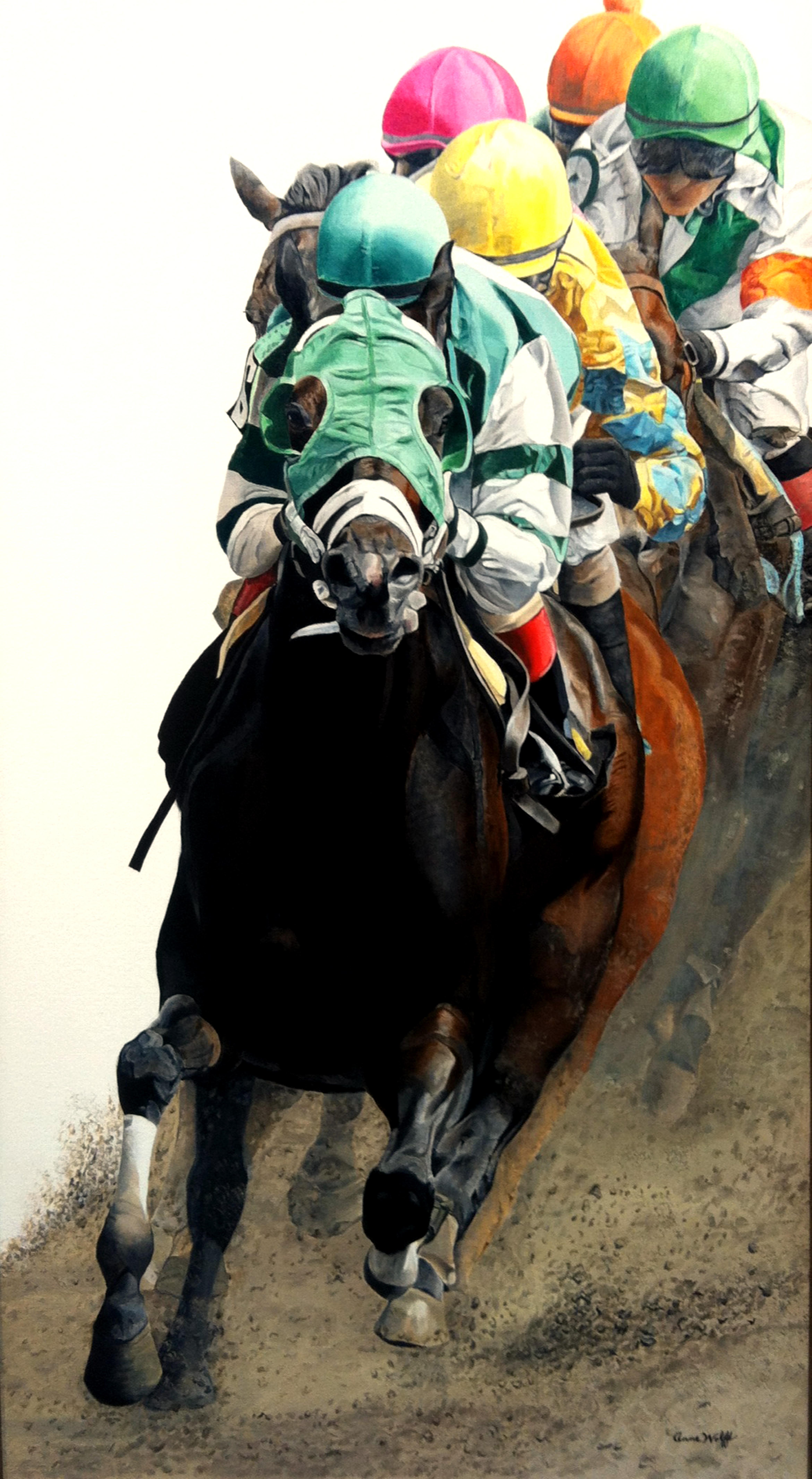 Anne Wolff, "Clubhouse Turn", Equine Racing Oil Painting on Canvas