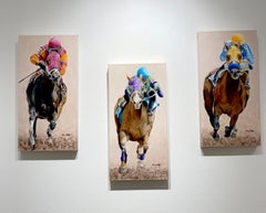Anne Wolff, "Down to the Wire" Pintura al óleo tríptico de carreras de caballos de colores