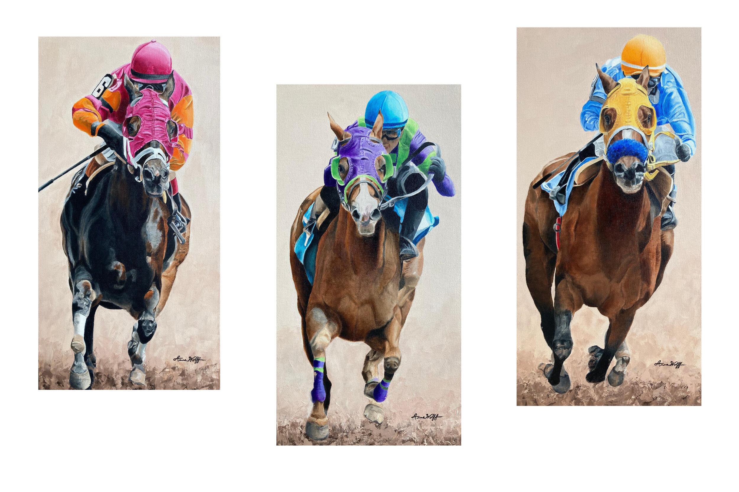 Das Triptychon "Down to the Wire" der Künstlerin Anne Wolff aus dem Rennsport von Equine ist ein 24x36 großes Original-Ölgemälde auf Leinwand.  Auf drei separaten 24x12 großen Leinwänden sind frontale Ansichten von Vollblutpferden mit Jockeys, alle