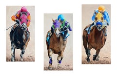Anne Wolff, "Down to the Wire" Colorful Horse Racing Triptych Oil Painting