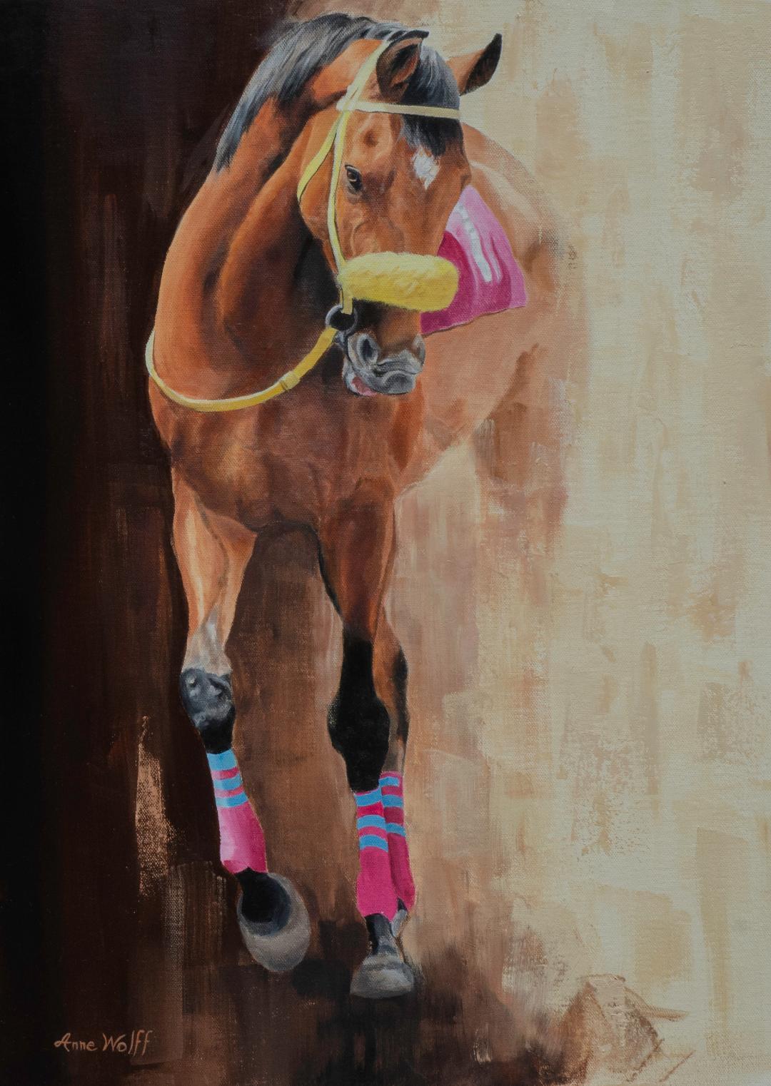 Anne Wolff, "Au soleil", peinture à l'huile sur toile pour chevaux de course