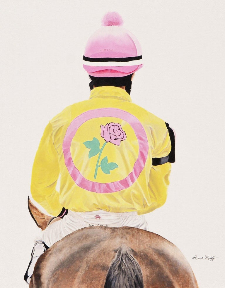 This equine racing painting "Irad Ortiz" by artist Anne Wolff is a 24x18 original oil painting on canvas.  Featured is the back view of famous jockey Irad Ortiz on horseback.  He is wearing yellow silks with a pink rose and a pink helmet.  The