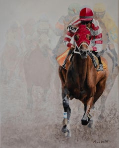 Anne Wolff, „Out of the Fog“, Ölgemälde auf Leinwand, Equine Racing