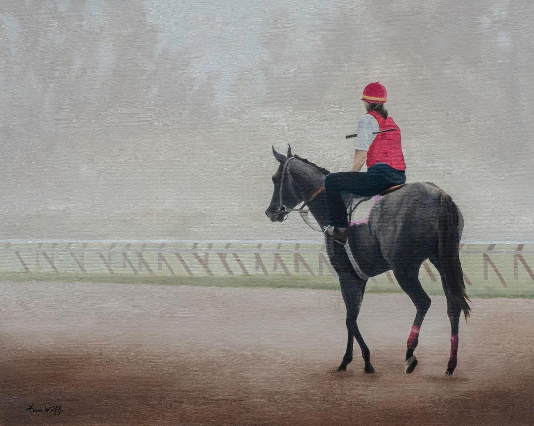 Anne Wolff, "Quiet Time", Foggy Horse Racing Equine Oil Painting on Canvas