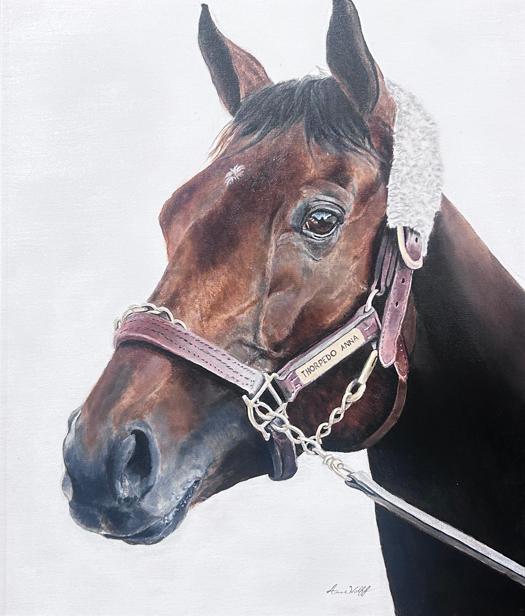 Anne Wolff, "Thorpedo Anna", 24x20 Pferderennen Porträt Öl auf Leinwand