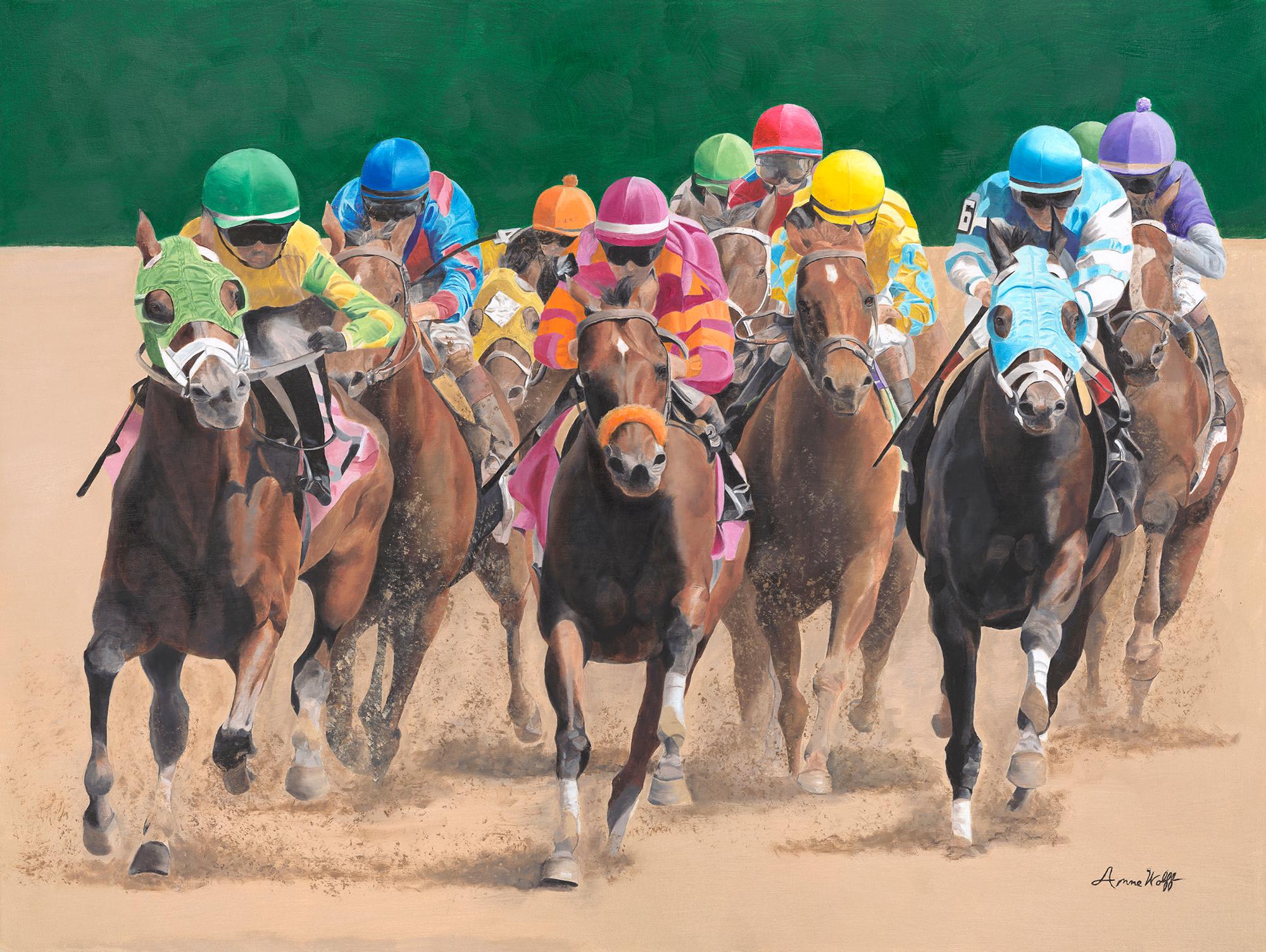 Anne Wolff, "Turning for Home", Colorful Equine Horse Racing Oil Painting 