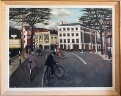 'Cyclists on the Chelsea Embankment by Albert Bridge, London' oil painting