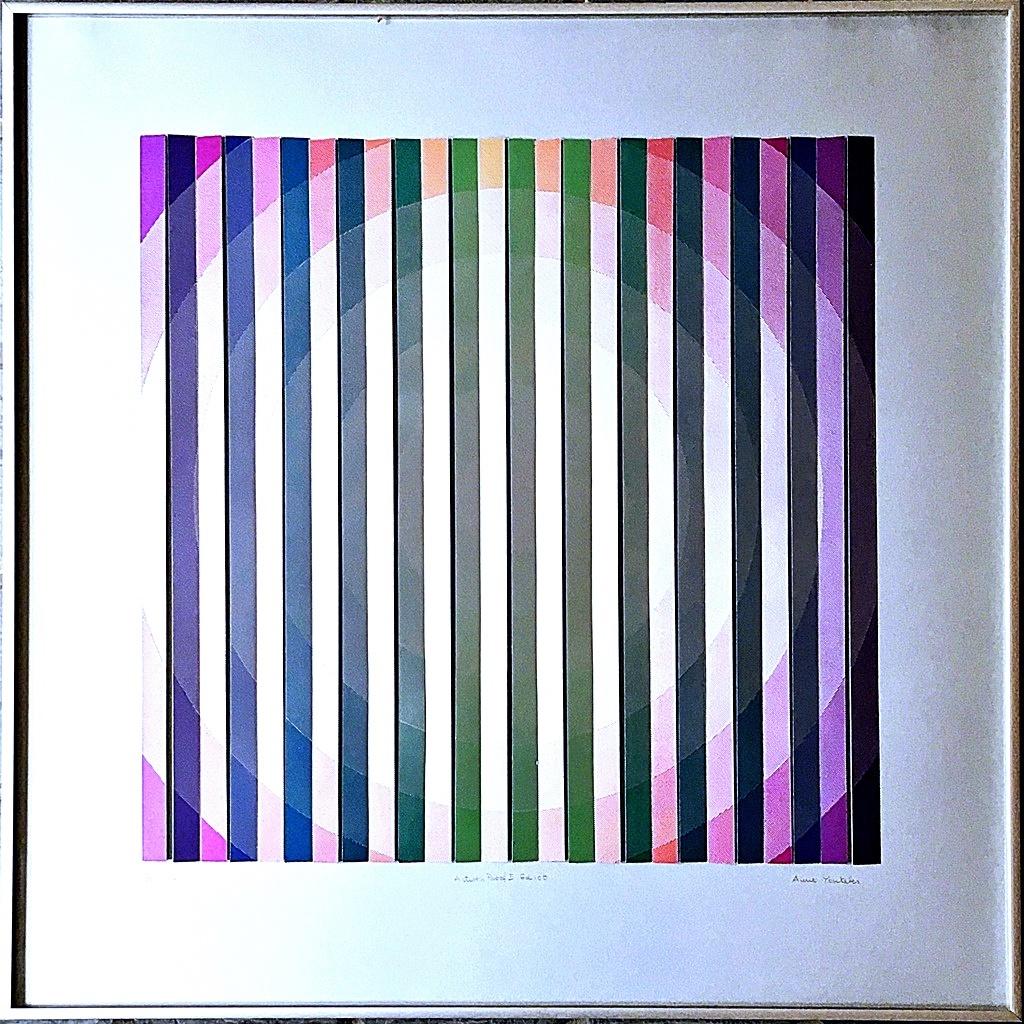 Géminis, serigrafía geométrica Op Art de los años 60, papel de técnica mixta, Firmado AP, Enmarcado