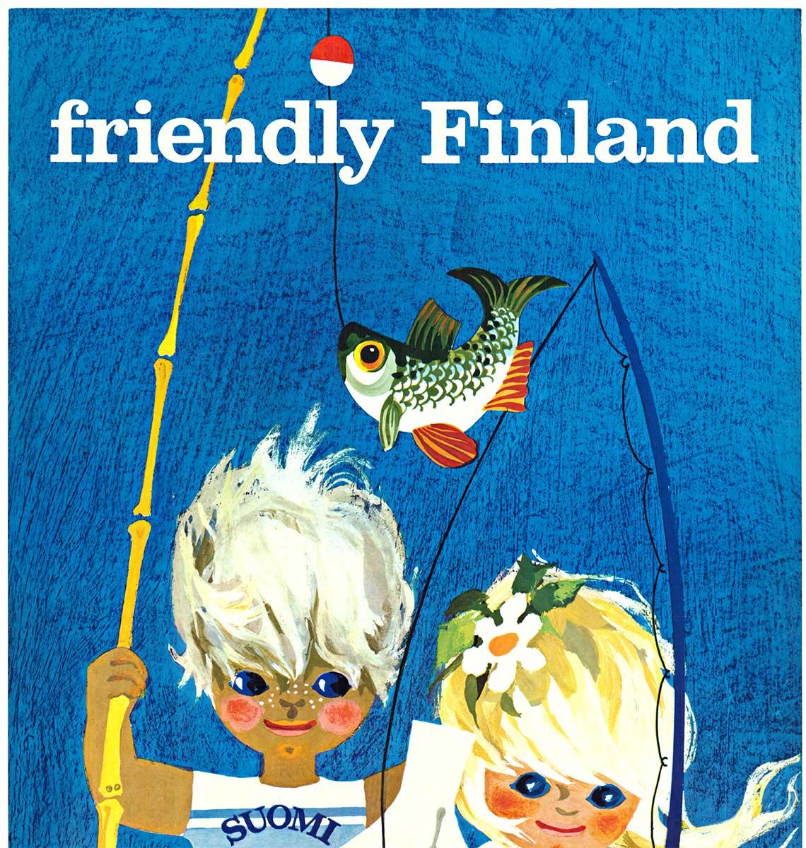 Poster di viaggio scandinavo d'epoca originale Friendlly Finland - Print di Anneli Queflander