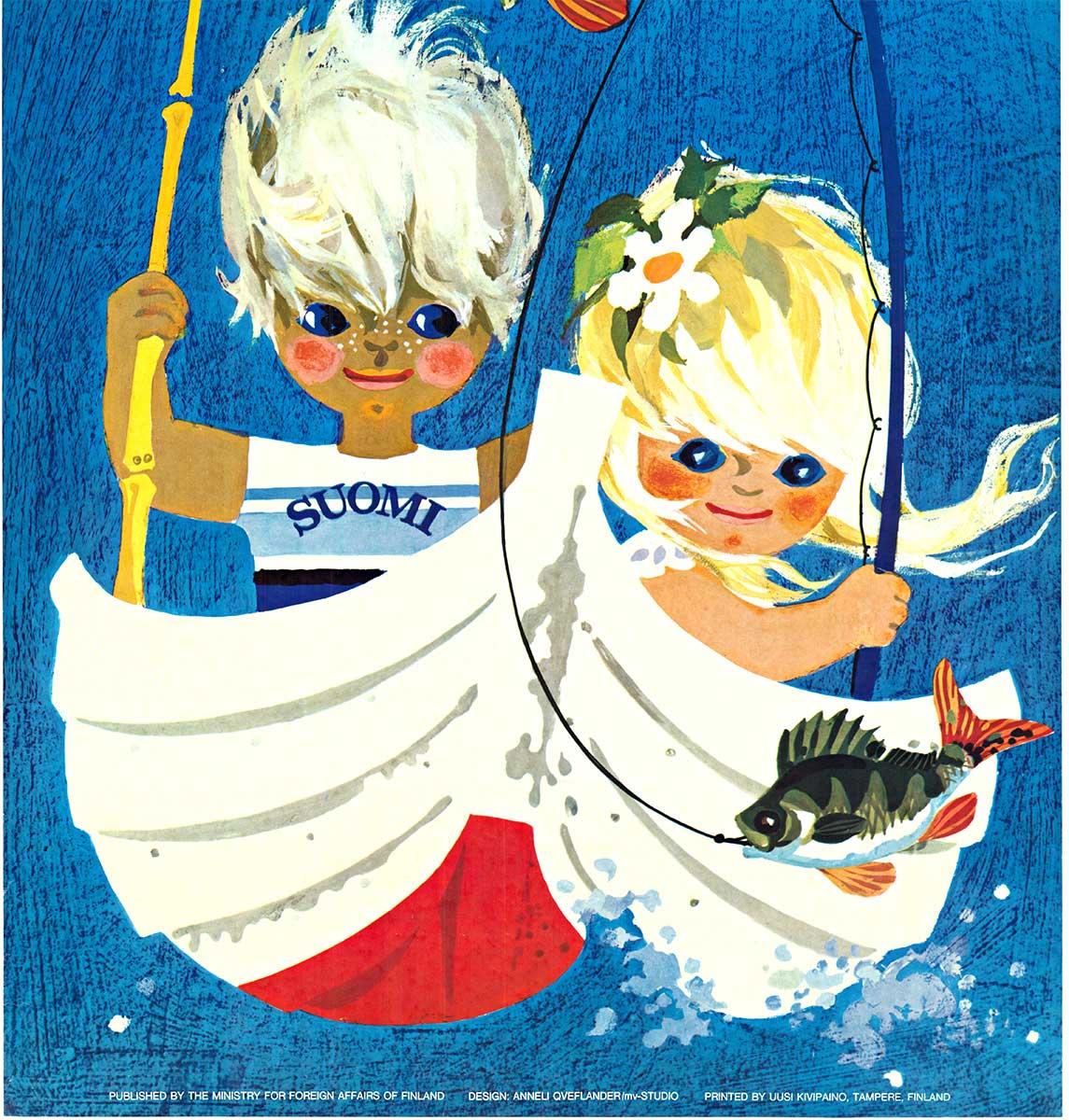 Poster di viaggio scandinavo d'epoca originale Friendlly Finland - Print American Modern di Anneli Queflander