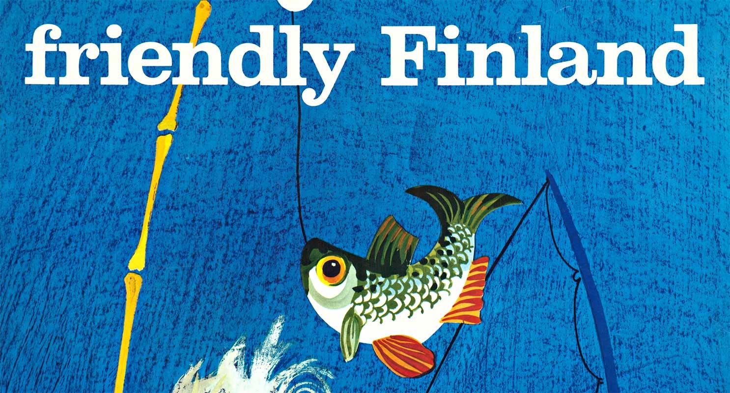 Poster di viaggio scandinavo d'epoca originale Friendlly Finland - Portrait Print Blu di Anneli Queflander