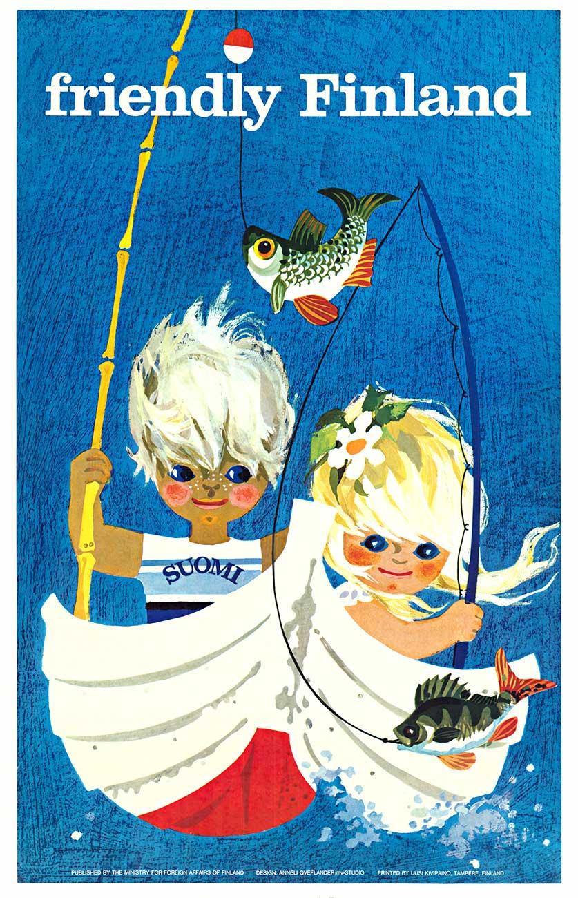 Portrait Print di Anneli Queflander - Poster di viaggio scandinavo d'epoca originale Friendlly Finland