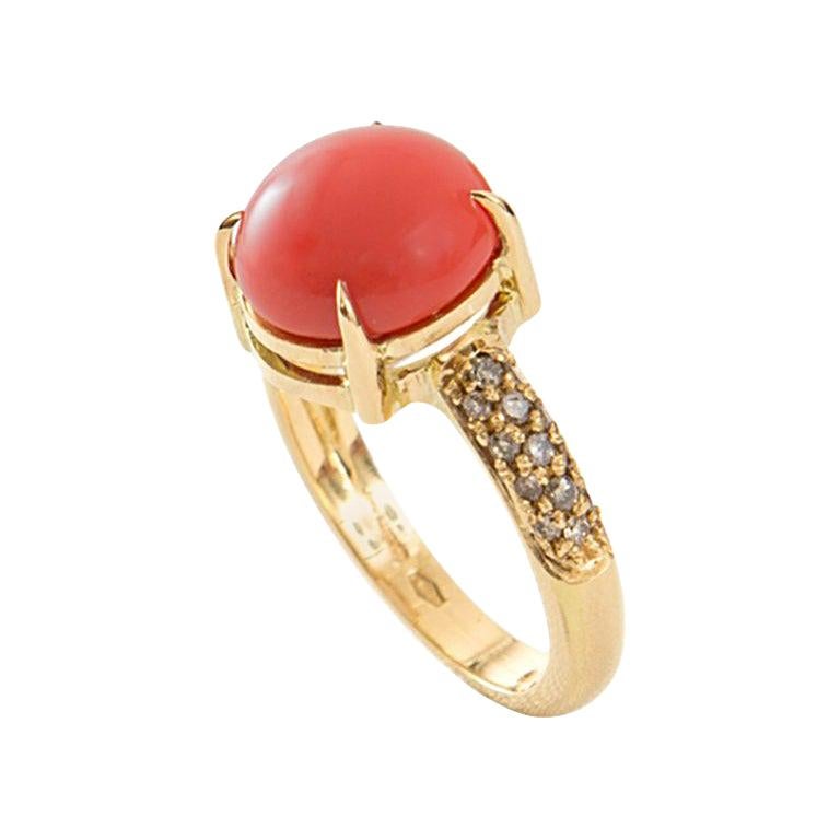 Annellino Italian Cabochon Coral and Champagne Diamond Yellow Gold Cocktail Ring For Sale