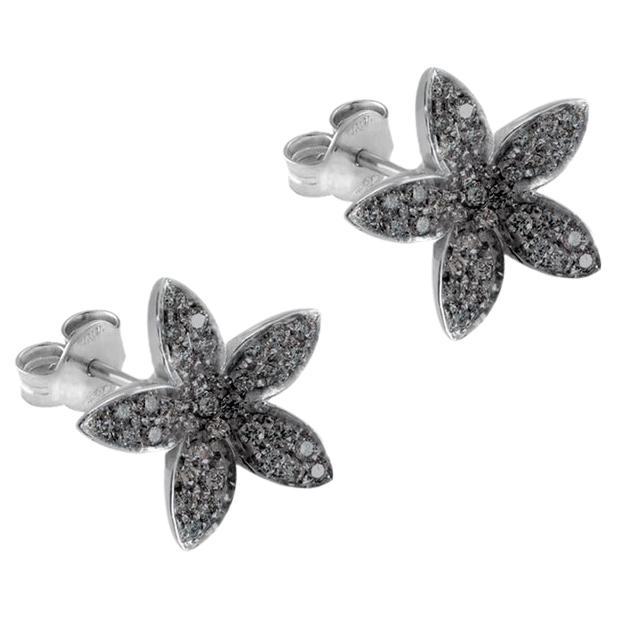 Annellino Italian Fine Jewellery Clous d'oreilles fleur en or blanc et diamants noirs