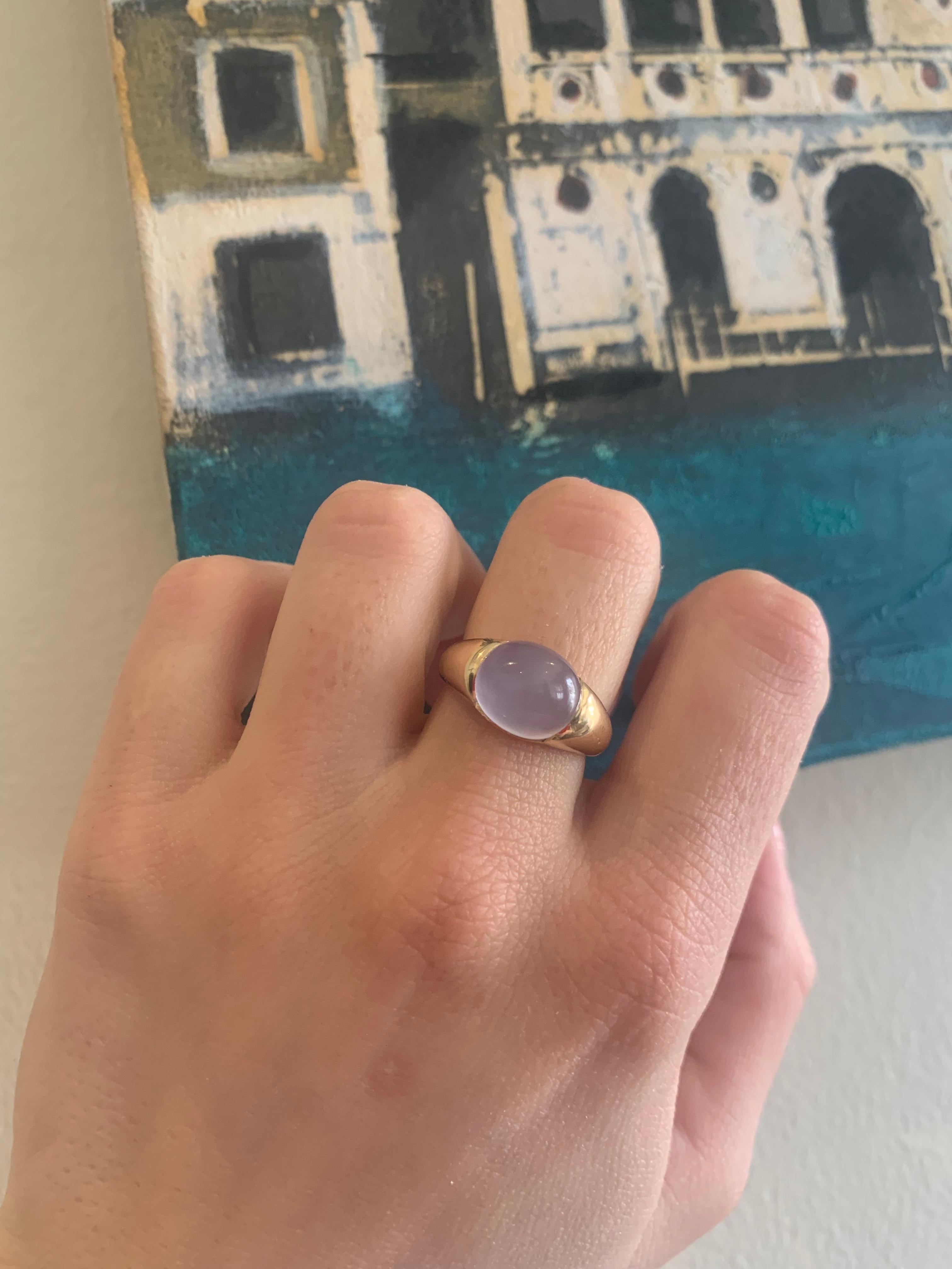 4ct Hand cut Lavender Chalcedony
Set in 18k Rose Gold
Made to order in any size
Video shown is the ring in Lavender Chalcedony set in 18k Yellow Gold

Handcrafted in our 150 year old workshop South of Rome, this ring may be simple in design but
