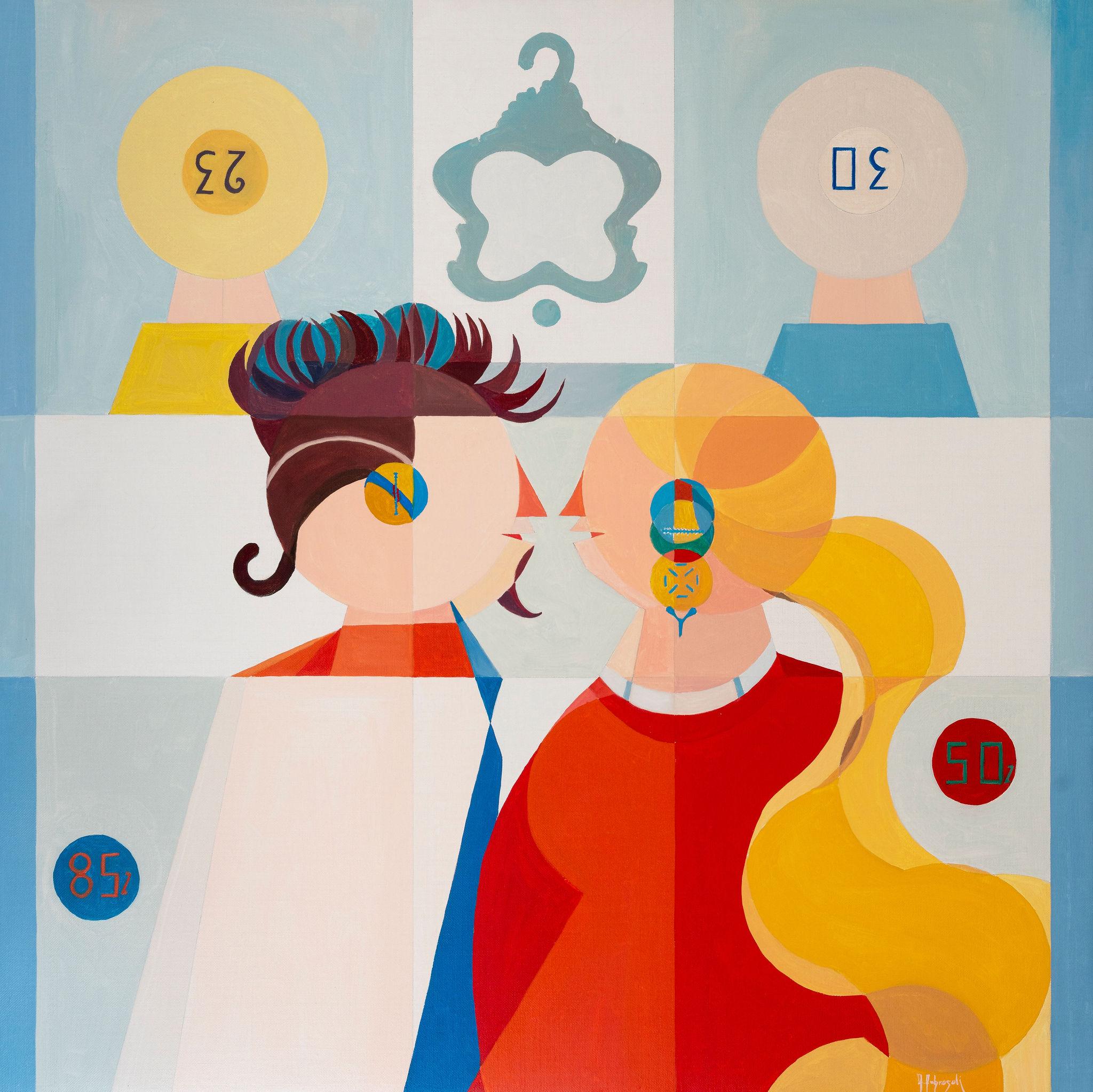 Love...It's just a Question of Numbers (2017) is an oil painting on canvas stretched over a wooden frame, measuring 90x90 cm, created by Italian contemporary artist Annemarie Ambrosoli.
The artwork is hand-signed by the artist on the front lower