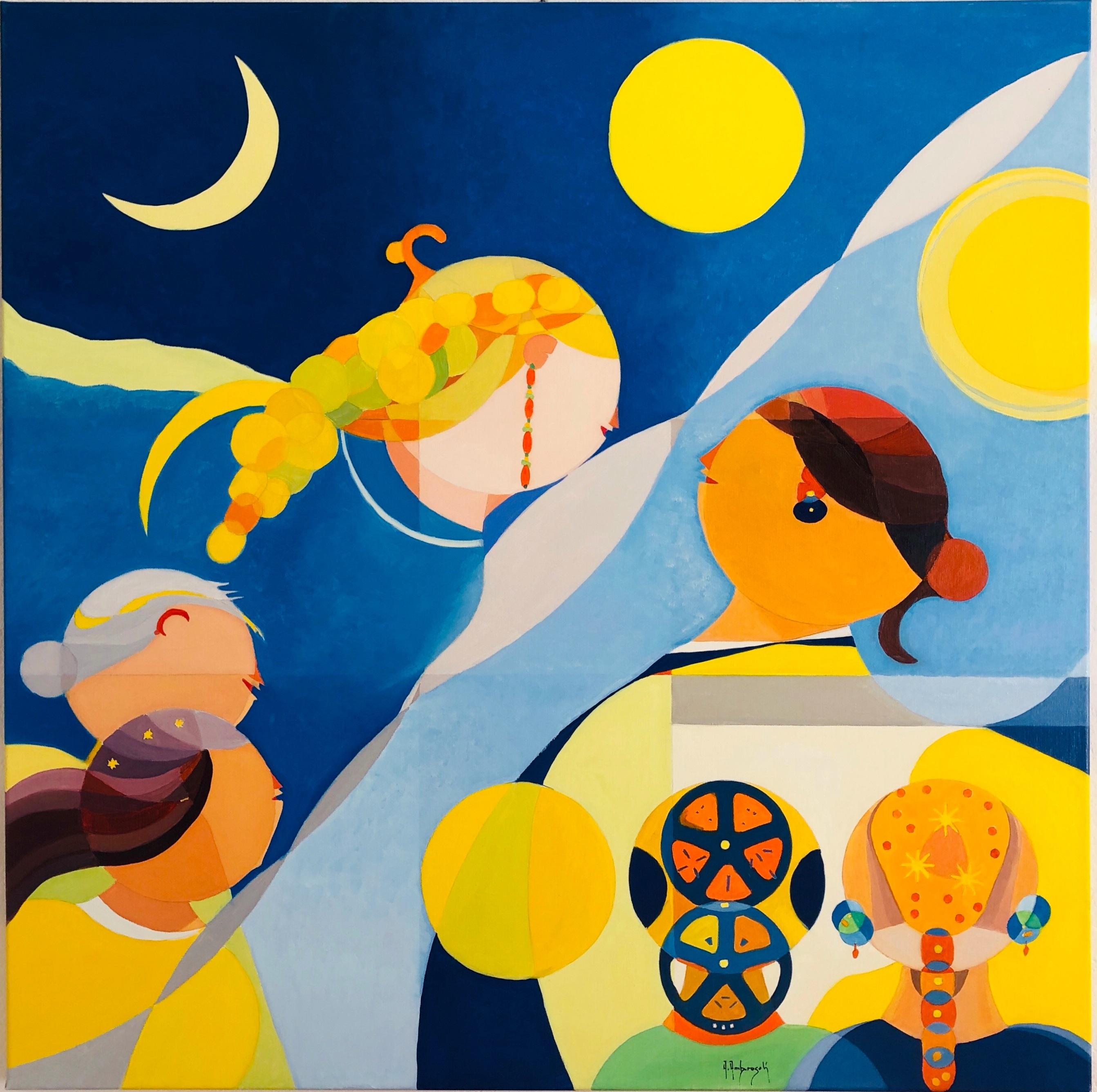 The Night meets the Day (2021), oil on canvas stretched over wooden frame, 96x95 cm, by Italian contemporary artist Annemarie Ambrosoli (ICA - International Certified Artist)

"The Night meets the Day" is represented with two main figures that meet