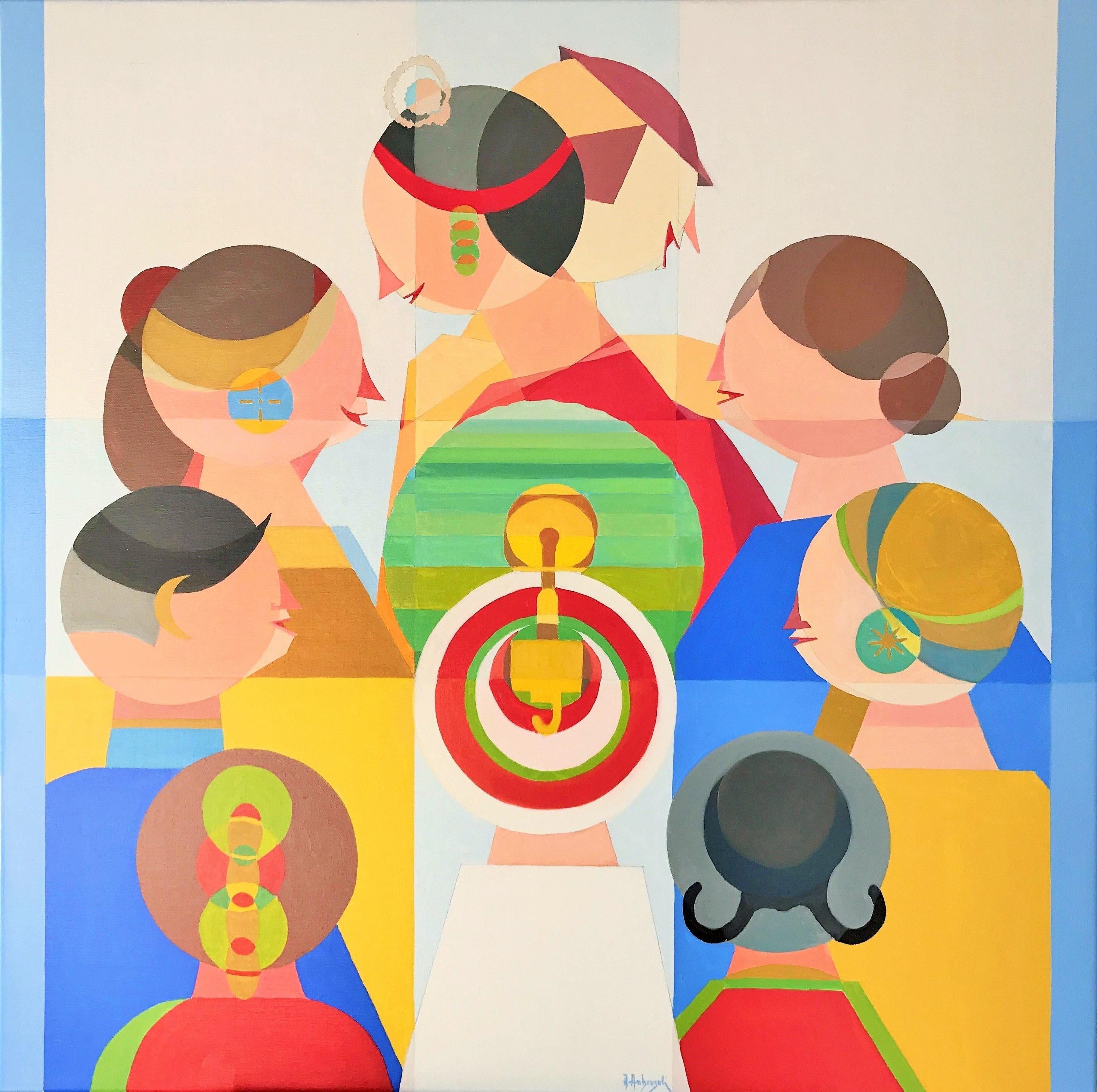 The Round Table (2017), oil on canvas stretched over wooden frame, 85x85 cm, by Italian contemporary artist Annemarie Ambrosoli (ICA - International Certified Artist)

The inspiration for this painting was a round table where people were chatting