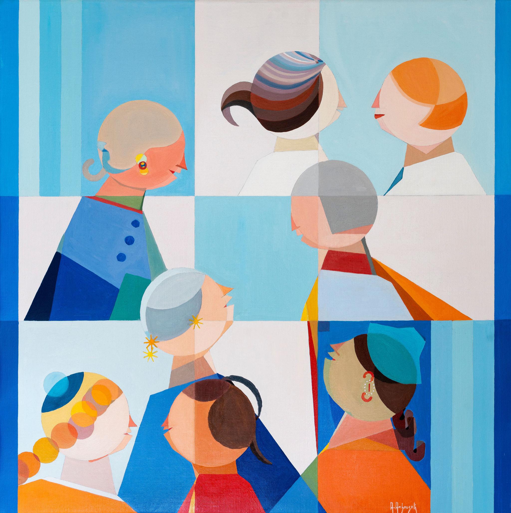 Women's Forum (2017), oil on canvas stretched over wooden frame, 100x100 cm, by Italian contemporary artist Annemarie Ambrosoli 
The "voice" of women can be perceived by looking at the movement of the lips in this colorful painting, blue, red,
