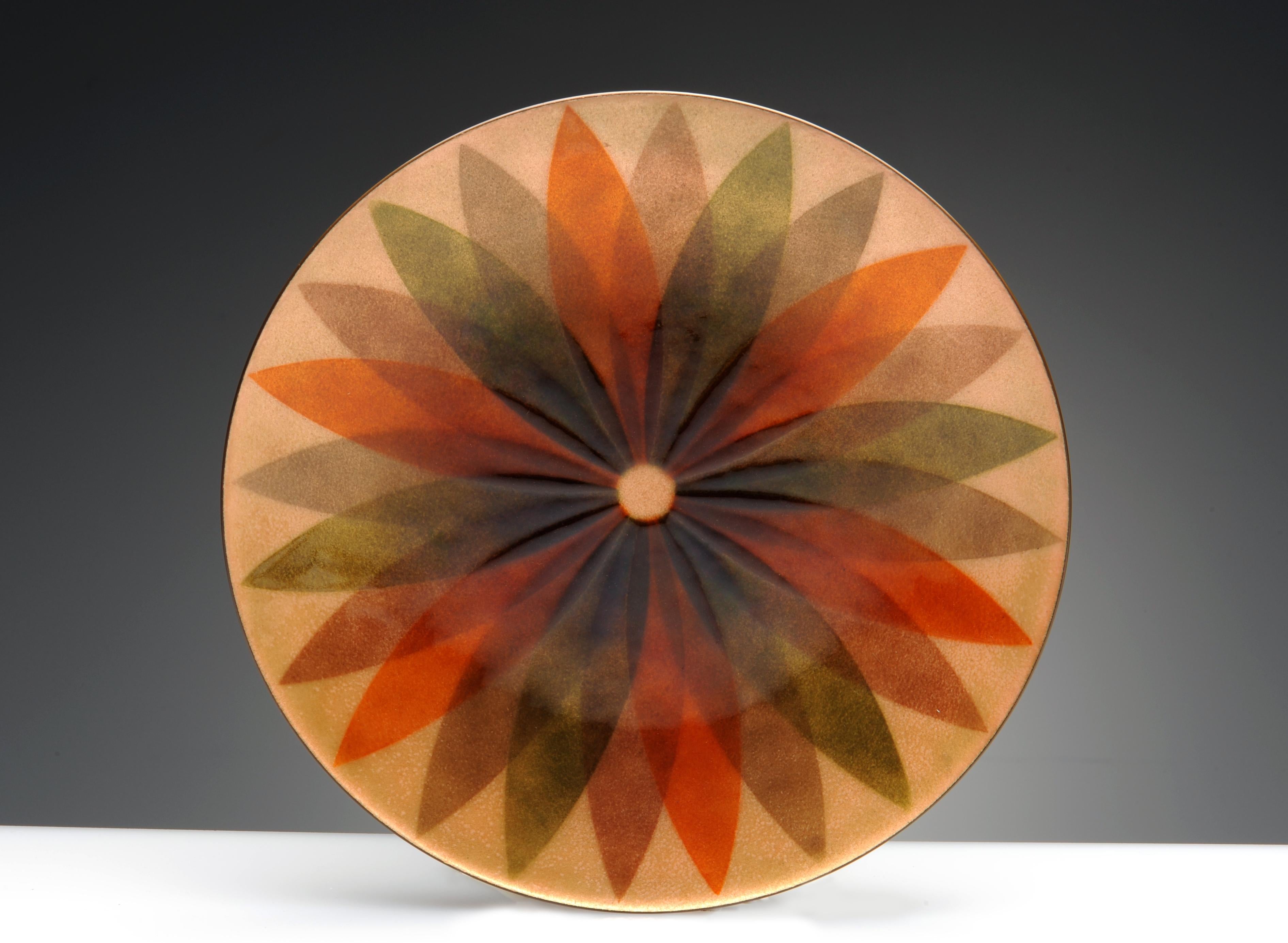 Large enamel plate on copper by Annemarie Davidson. Signed on back. Condition is excellent. 

Annemarie Davidson (1920-2012) is known for her fine modernist abstract copper enamels. Annemarie Davidson was born Annemarie Behrendt in 1920 in Berlin,