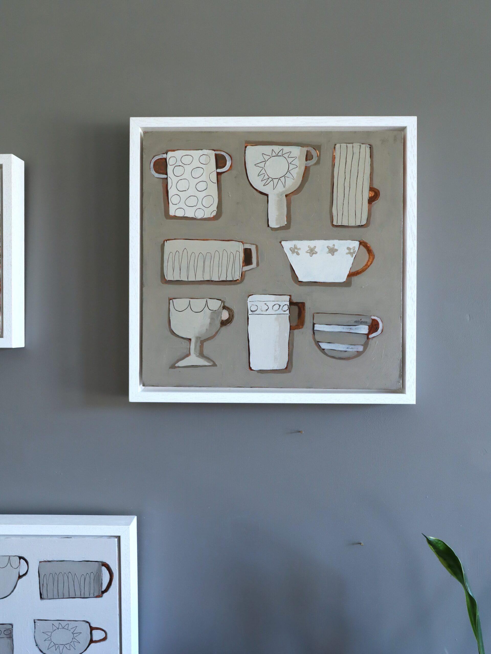 2025 Contemporary Mini British Still Life Acrylgemälde - Cup Collective (Grau), Still-Life Painting, von Annemarie Derrick