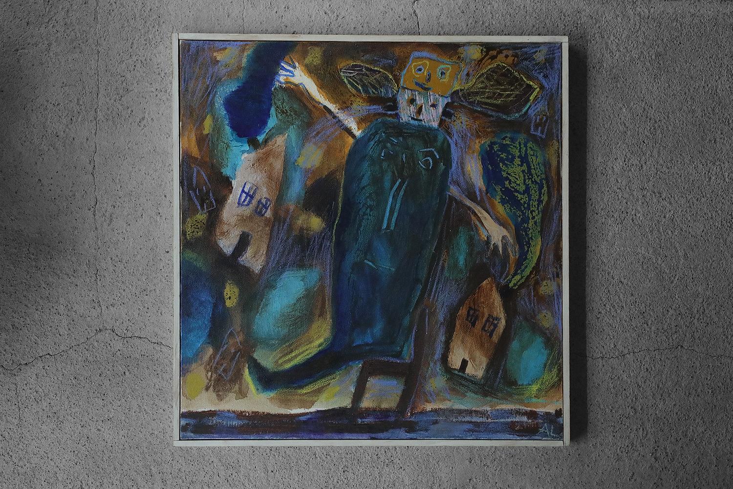 Modern Annemette Lichtenberg, Blå, Brun M/Huse, 1993, Acrylic on Canvas, Framed For Sale