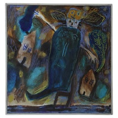 Vintage Annemette Lichtenberg, Blå, Brun M/Huse, 1993, Acrylic on Canvas, Framed