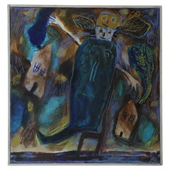 Annemette Lichtenberg, Blå, Brun M/Huse, 1993, Acrylic on Canvas, Framed