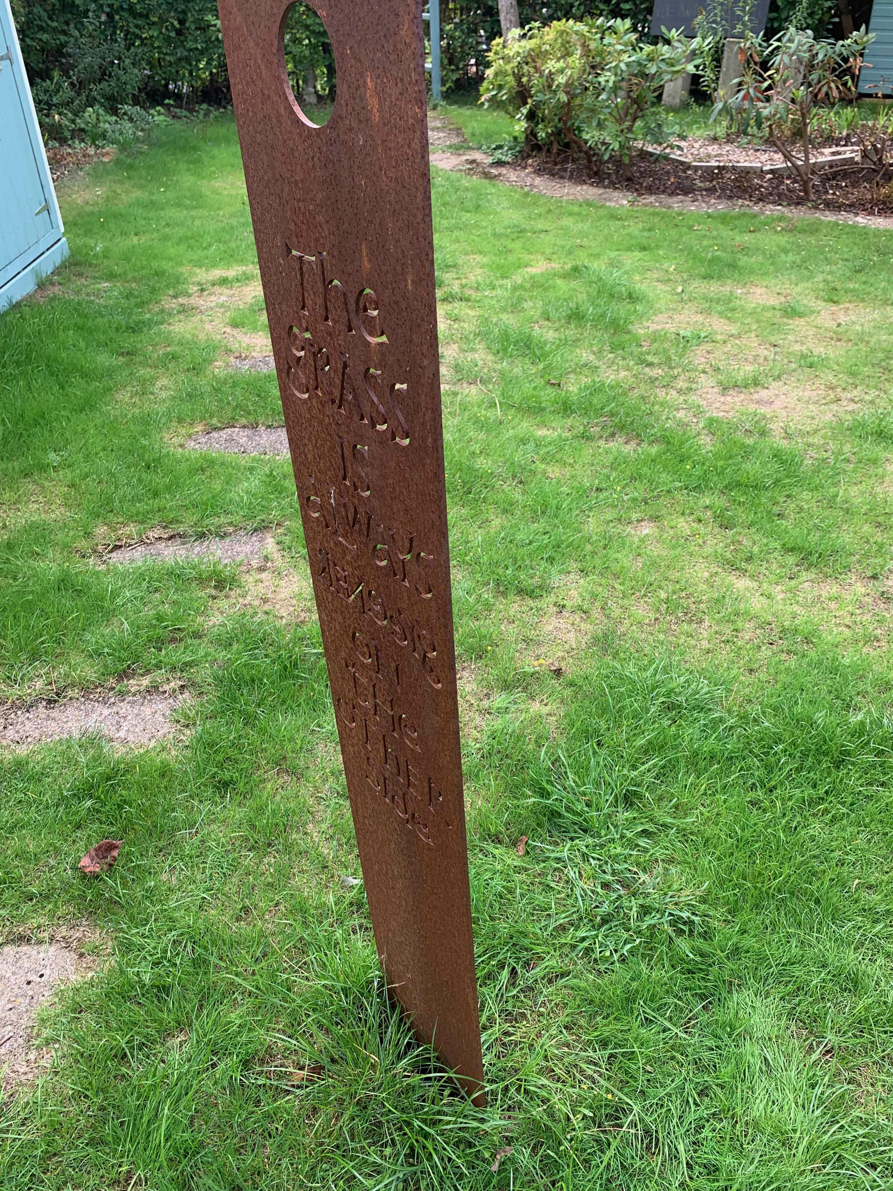 This is an editioned sculpture by one of the world’s most creative Letterwork Sculptors and will look magnificent in a lawn or bed.  The lettering has been designed by Annet Stirling and cut out of the Corten Steel by laser.  The sculpture is very