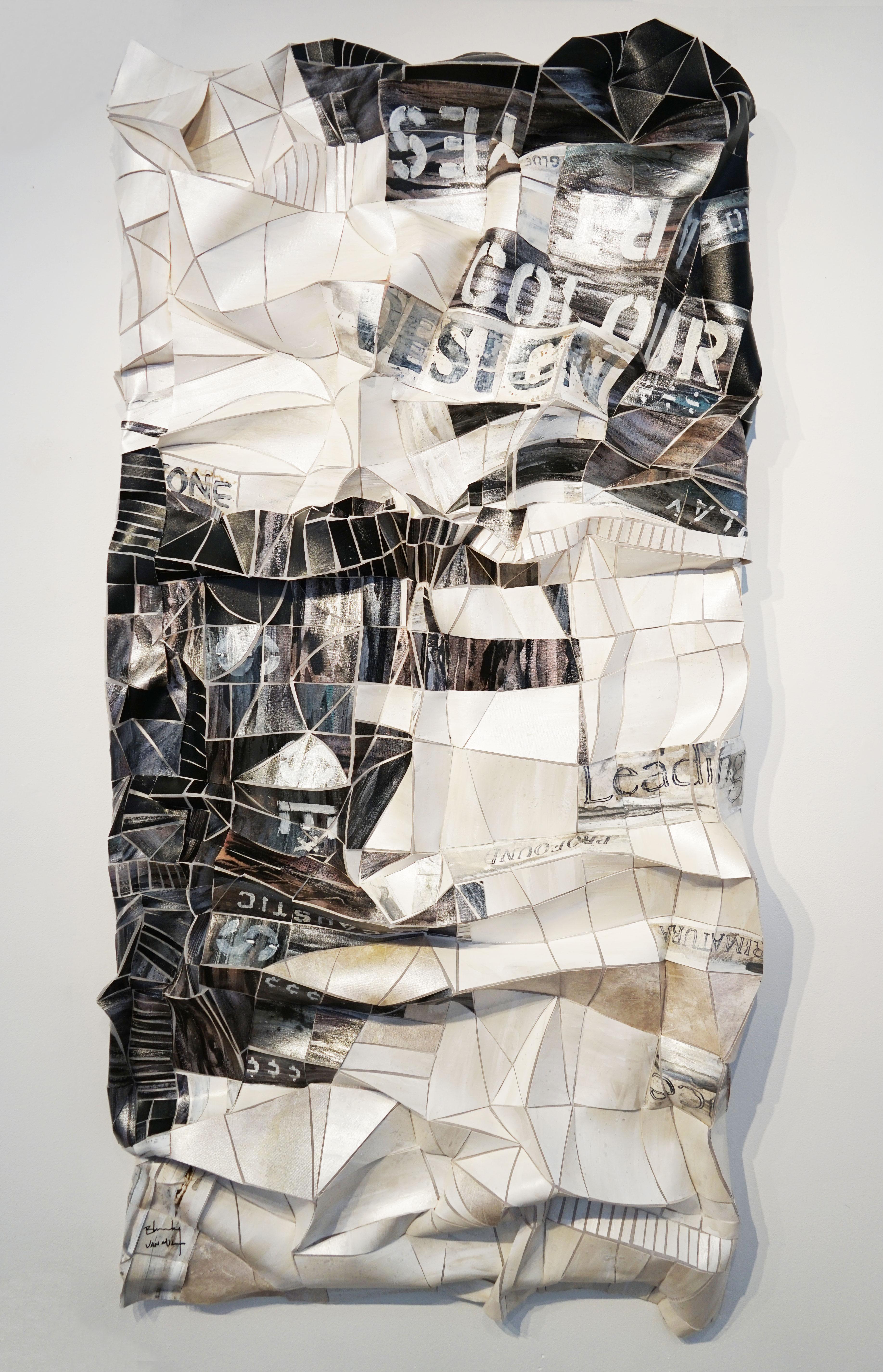 Annette Blaldy Abstract Painting - Art Speak 2 abstract cut up canvas collage wall sculpture, 64" x 32", 2022