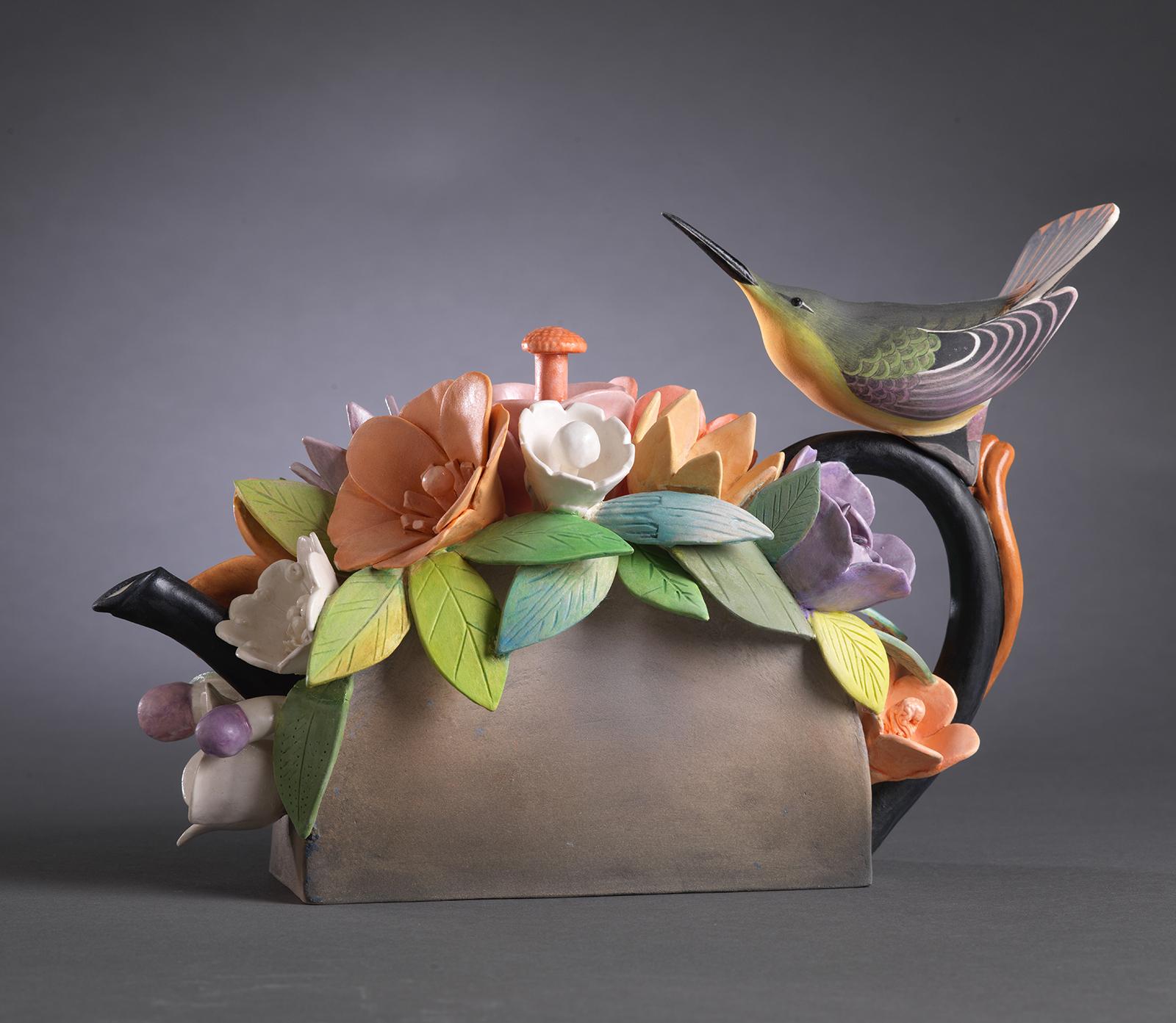 Hummingbird with Flowers Teapot - Sculpture by Annette Corcoran