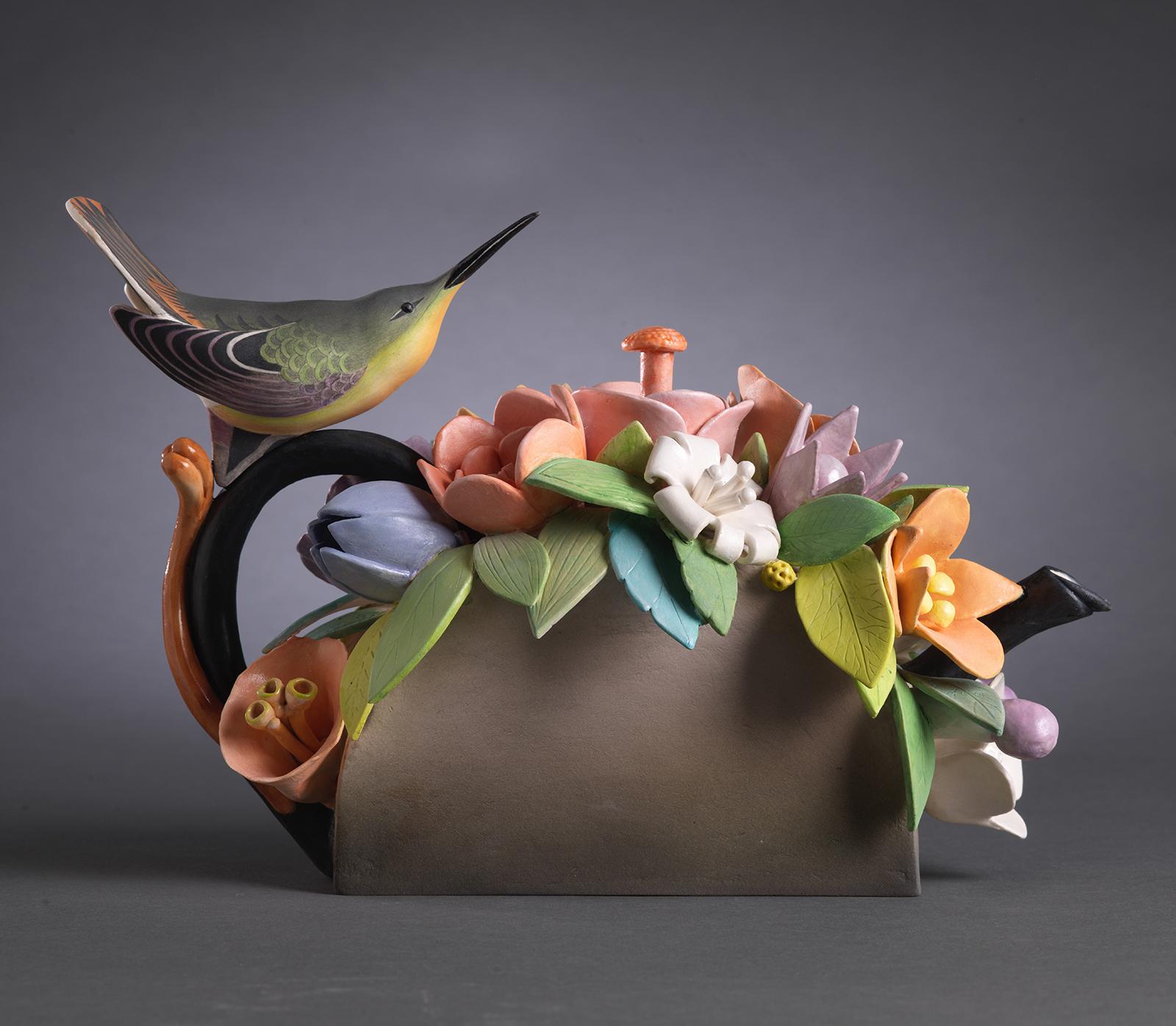Annette Corcoran Figurative Sculpture - Hummingbird with Flowers Teapot