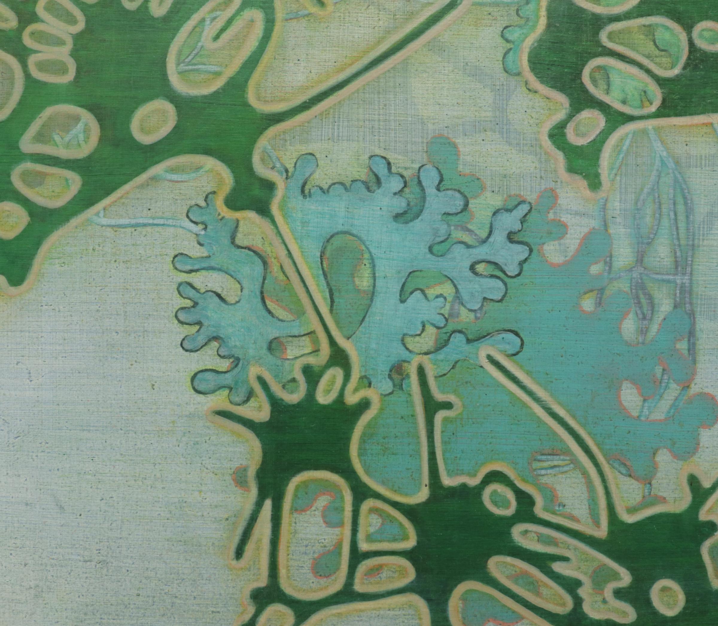 Annette Davidek creates paintings that look like gorgeous biomes full of naturalistic forms, enticing viewers to enter a domain that is as familiar as it is strange. Variously suggestive of exotic plants and animals, or obscure microscopic