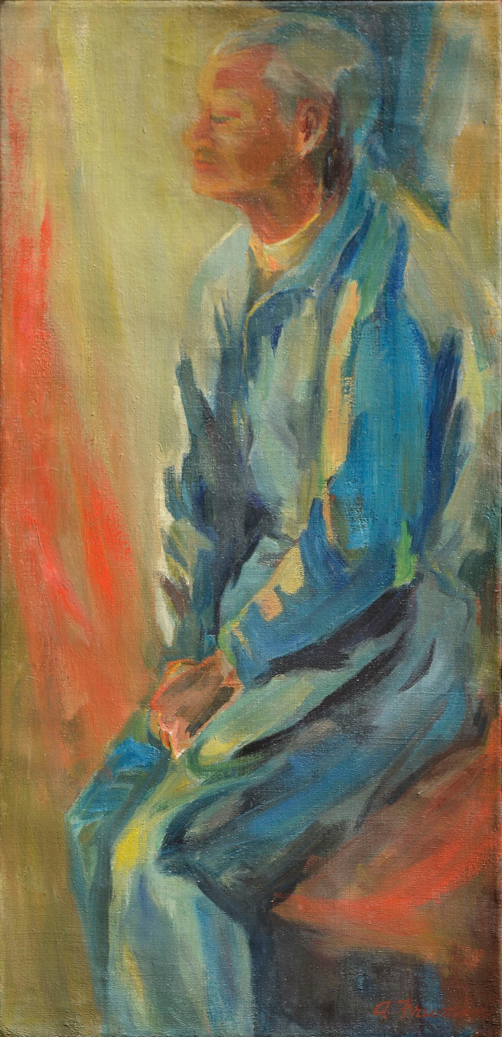 Portrait of a Seated Old Man in Blue - Colorful Expressionist Figurative  - Painting by Annette Freeman