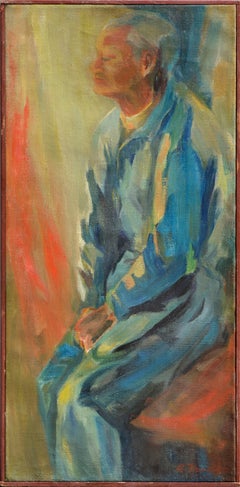 Portrait of a Seated Old Man in Blue - Colorful Expressionist Figurative 