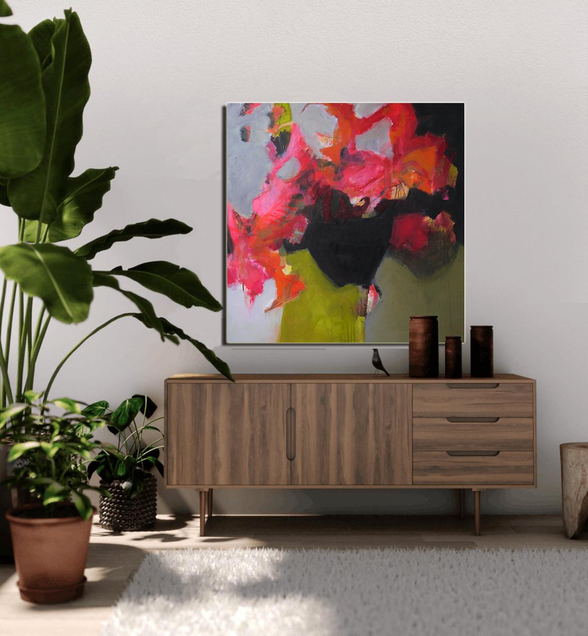 Happy Floating - Abstract landscape / floral painting with pink, green, black 1