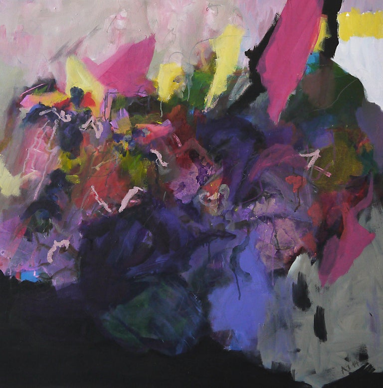 Annette Jellinghaus Personality Abstract Landscape Floral Painting With Pink Blue Black For Sale At 1stdibs