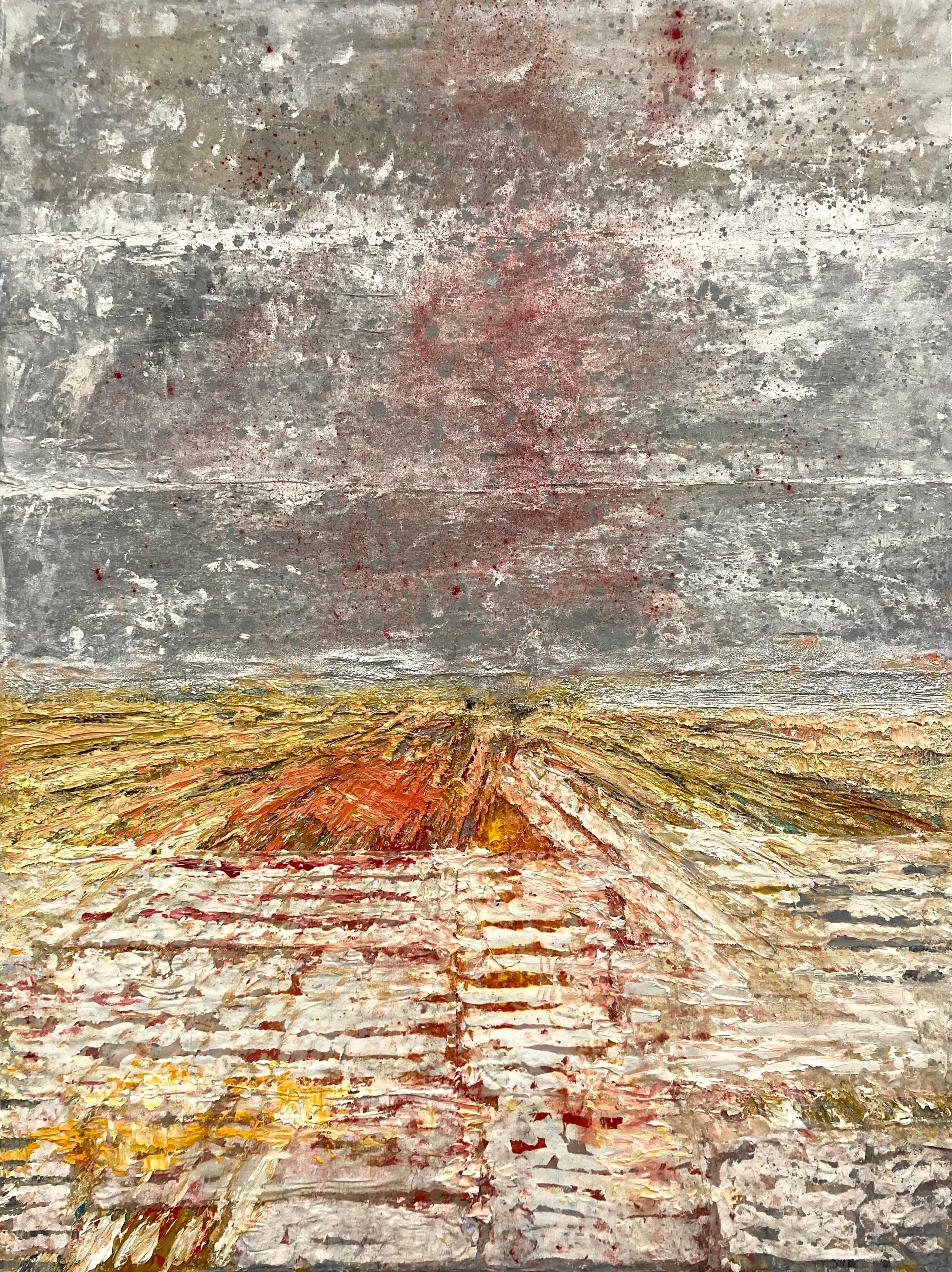 Annette Selle - "Be Lucky".

My theme in this painting is space and landscape and time. In an external reality that would correspond to this picture, there would be parallel arable furrows, indicated paths.
Their parallel courses would carry the