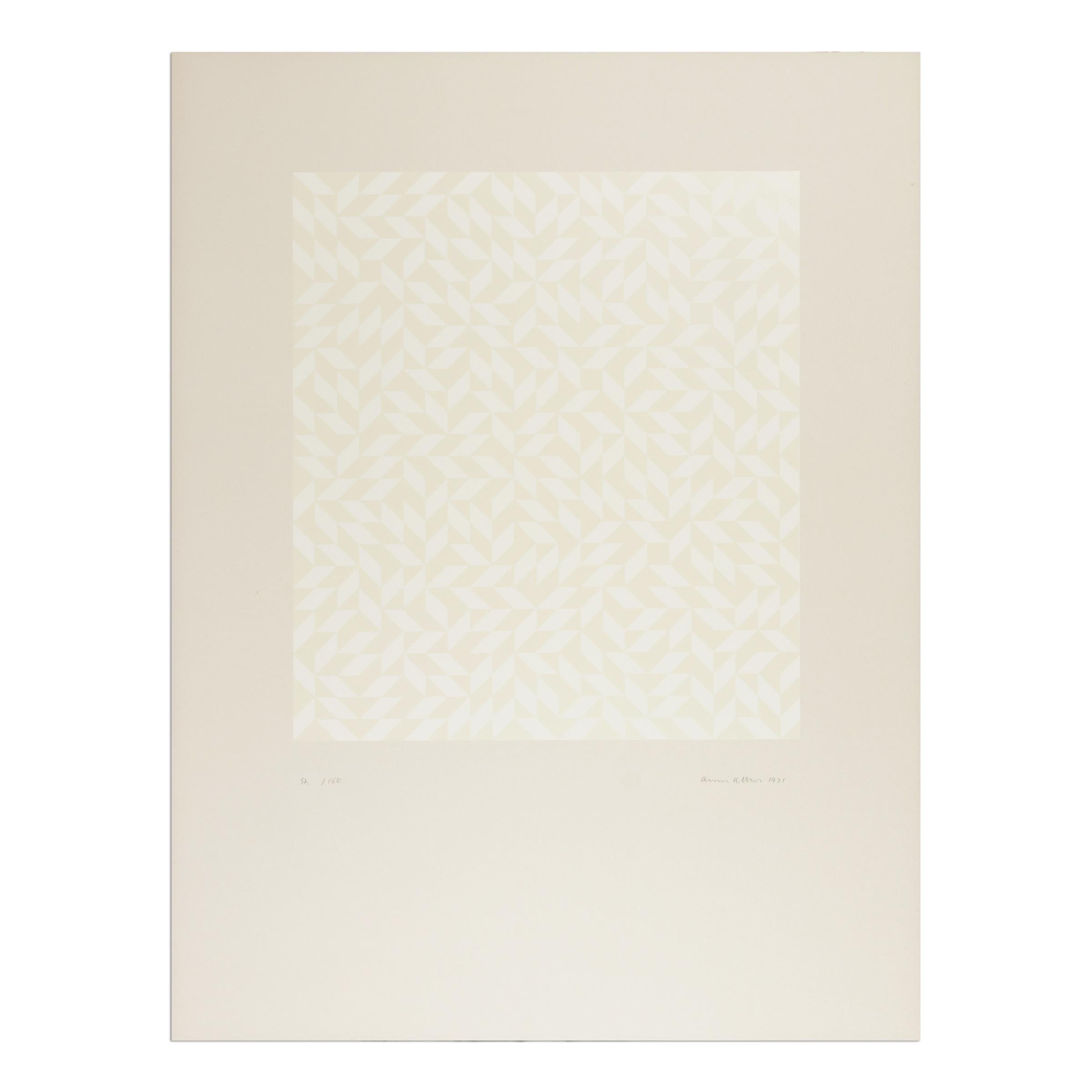 Anni Albers (1899-1994)
ST, 1971
Mezzo: Serigrafia su cartone
Dimensioni: 83 × 62 cm (32 7/10 × 24 2/5 in)
Edizione: Firmato e numerato a mano
Condizioni: Molto buono