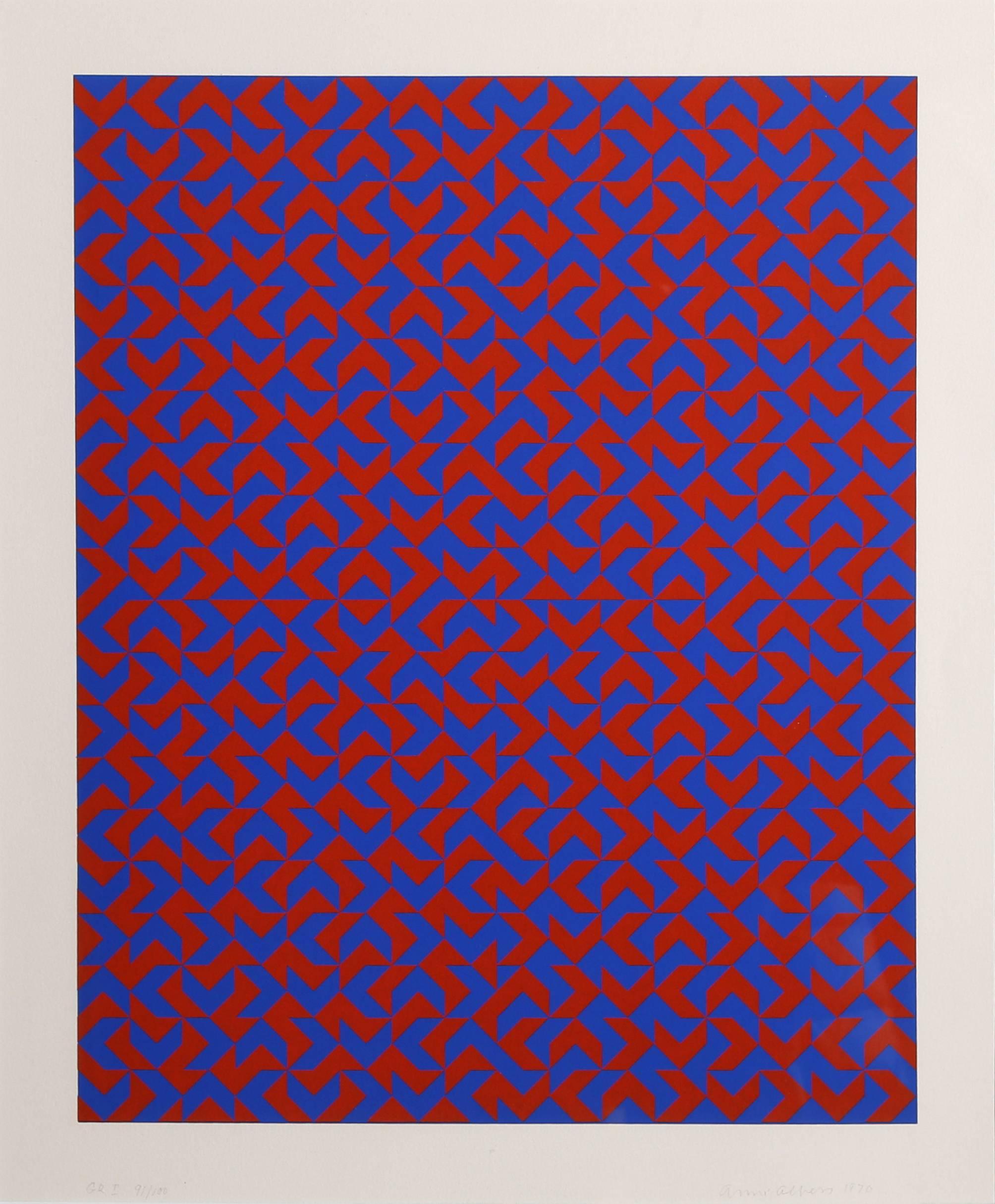 Artist: Anni Albers, German/American (1899 - 1994)
Title: GR I
Year: 1970
Medium: Silkscreen on Arches Paper, signed and numbered in pencil
Edition: 45/100
Image Size: 20 x 16 inches
Size: 29 x 24 in. (73.66 x 60.96 cm)
