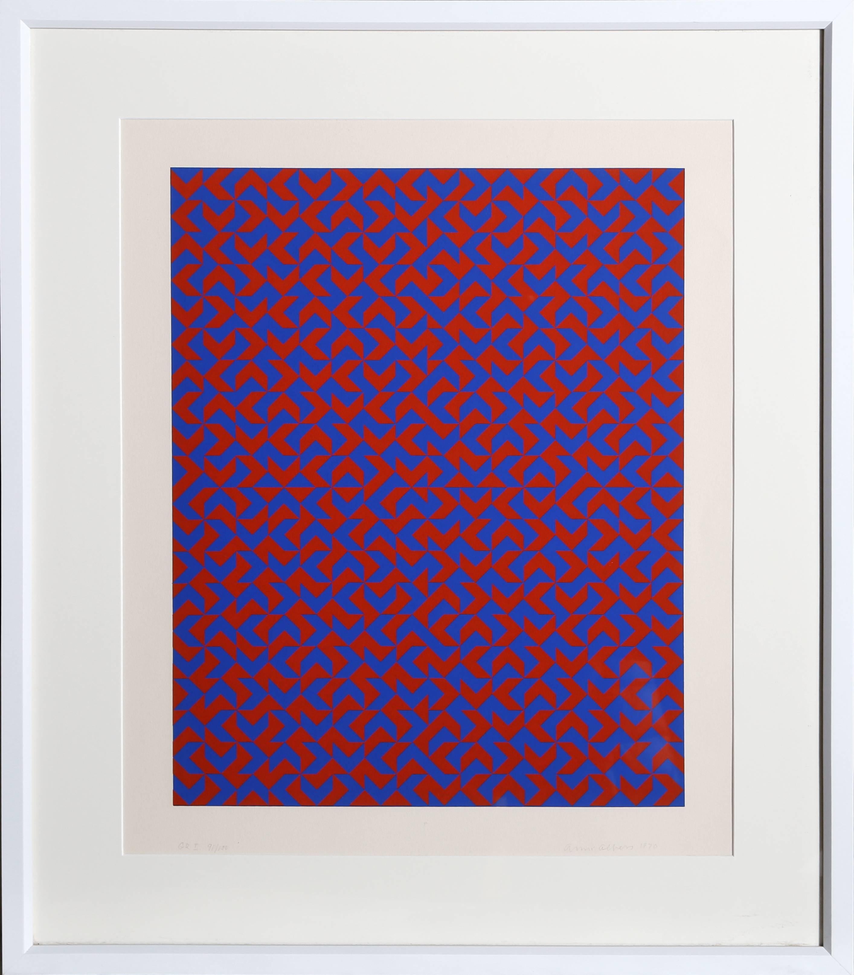Artist: Anni Albers, German/American (1899 - 1994)
Title: GR I
Year: 1970
Medium: Silkscreen, signed and numbered in pencil
Edition: 100
Image Size: 20 x 16 inches
Size: 29 x 24 in. (73.66 x 60.96 cm)
Frame: 32 x 28 inches