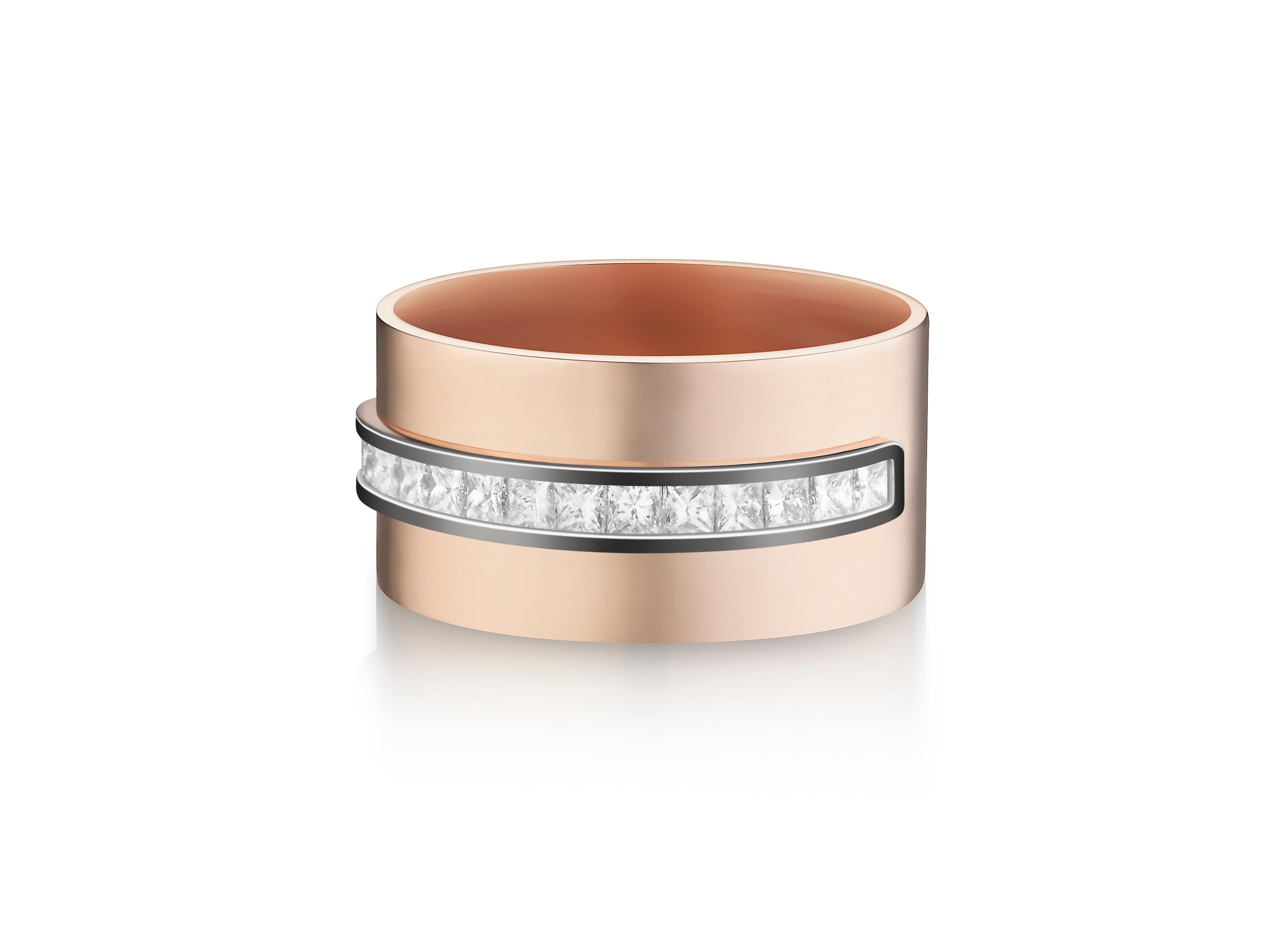 SELIN KENT's update on a classic cigar band. In 14k rose gold with princess-cut diamonds that are individually channel-set for a brilliant display of everyday luxury.

Diamonds cover a little over half the band. 
Diamond carat weight is 0.55 carats.