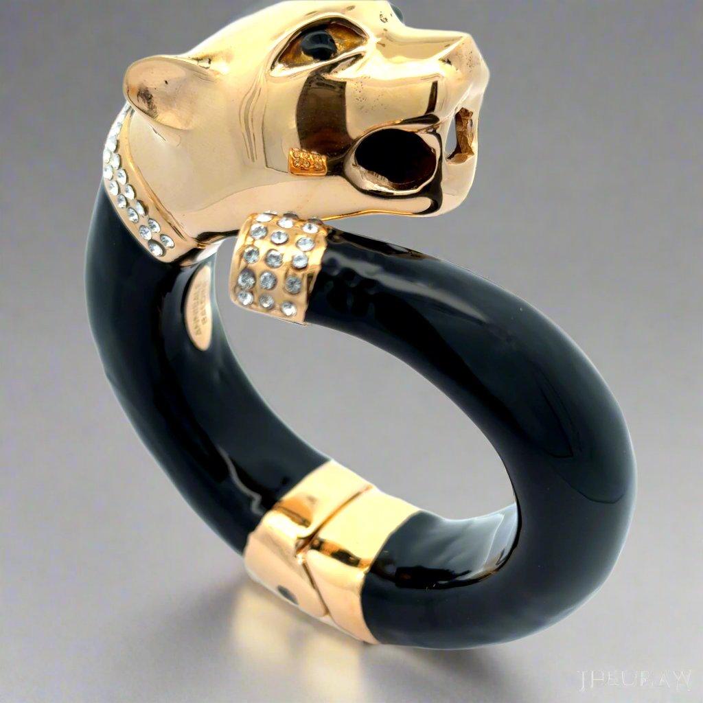Expertly handcrafted in Italy by skilled artisans, the Annibale Baldini Italian Large Panther Statement Bracelet exudes power and elegance. Featuring a stunning panther design and sparkling Swarovski crystals, this bold statement piece will elevate