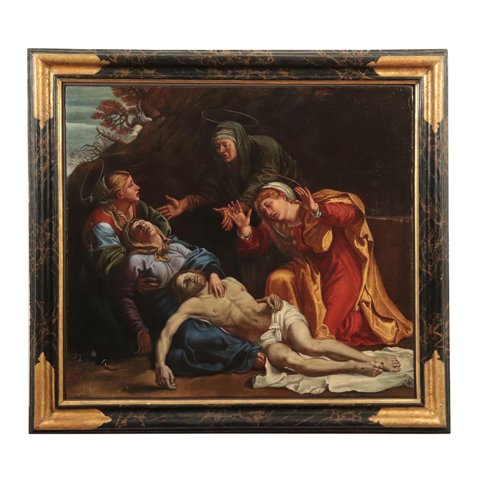 Oil on canvas. Copy of the famous painting of Annibale Carracci, made between 1604-1606 and today preserved at the National Gallery of London.
The scene takes place in front of the cave of the sepulcher where Jesus is going to be buried; we can see