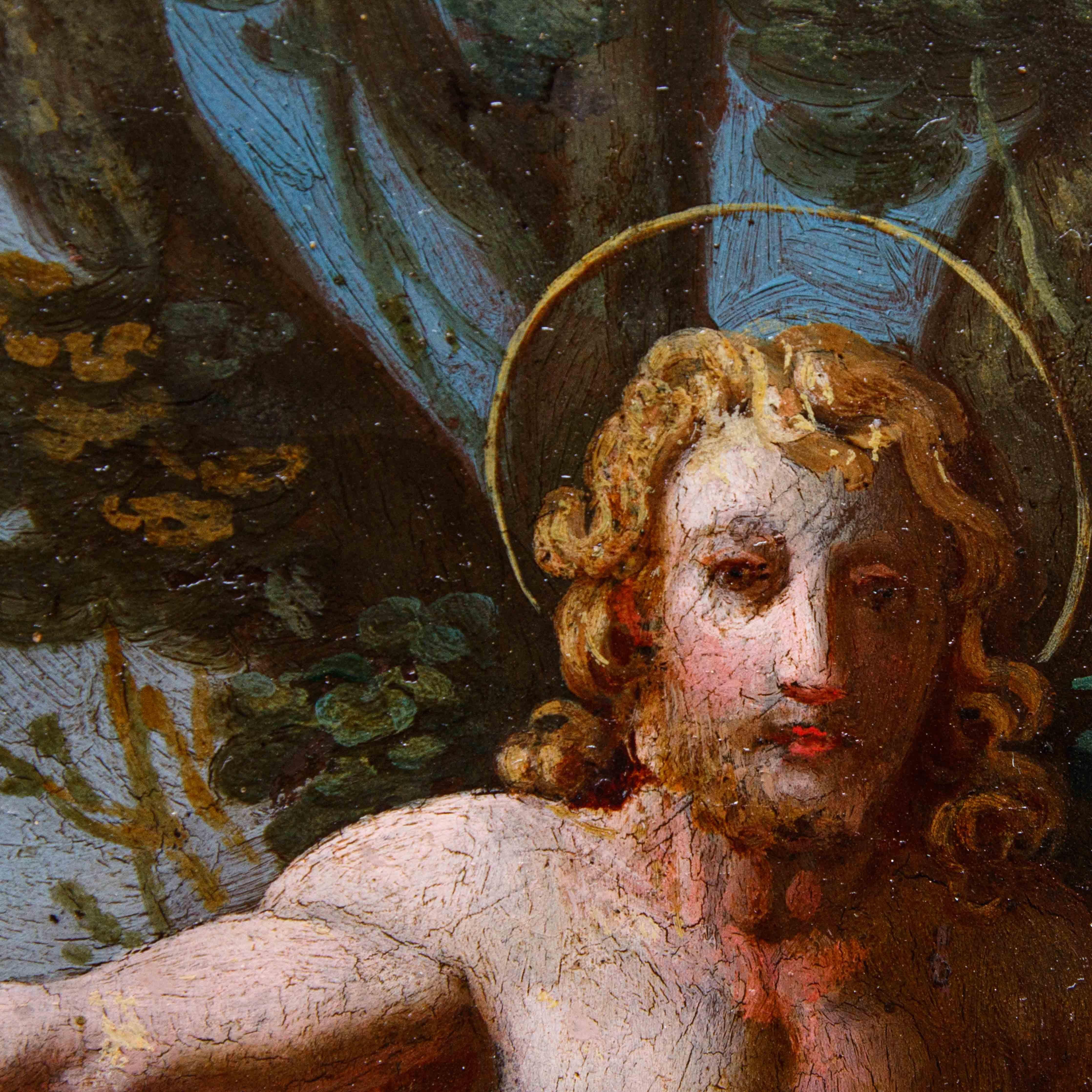 XVII secolo, scuola dei Carracci

San Giovanni Battista che annuncia la venuta di Cristo

Olio su rame, cm 24 x 19

Con cornice, cm 33 x 26

Il dipinto presenta in primo piano la magniloquente figura di San Giovanni Battista, il profeta che annunciò