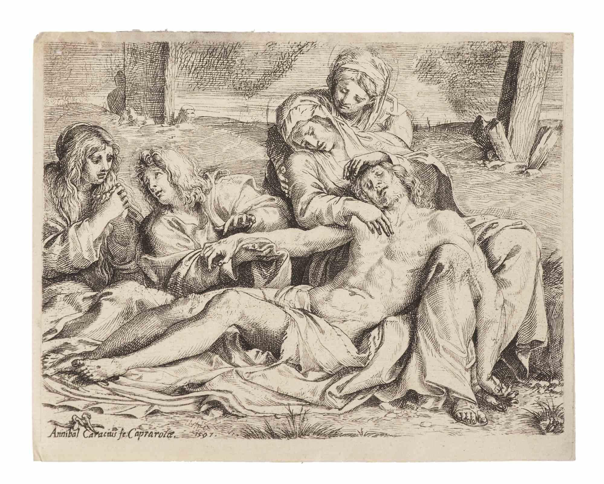 Deposition is an original black and white etching realized in 1597 after Annibale Carracci.   

Signed on the plate and dated on the lower left.

Good conditions

Impressive faithful artwork created by master touch.