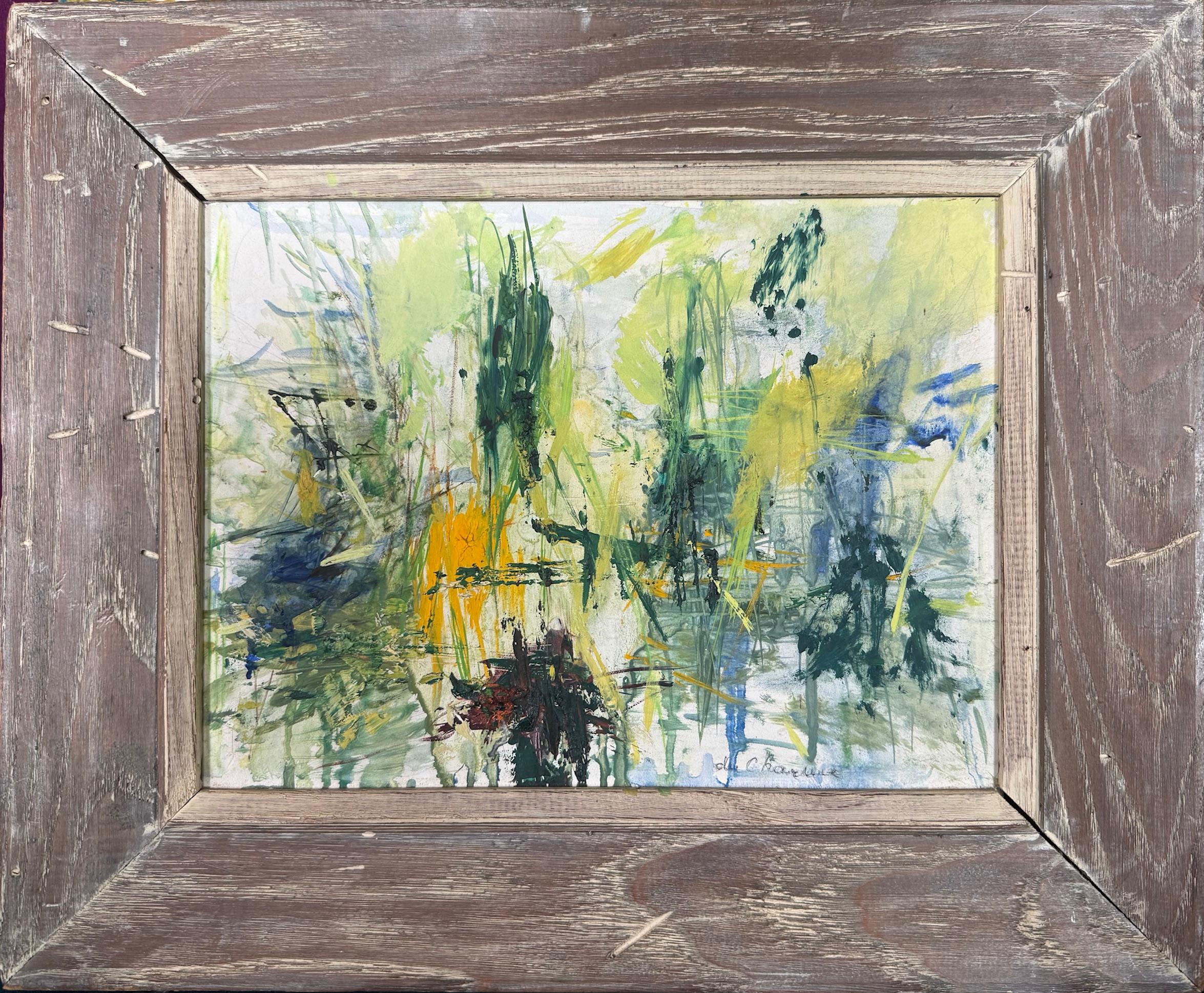 The Pond, a wonderful piece, painted by French American Abstract Expressionist artist Annick Du Charme.  Housed in a mid-century white washed frame.

Annick was born in Quessoy, Brittany France in 1919.  Little is known about her early years.  We do