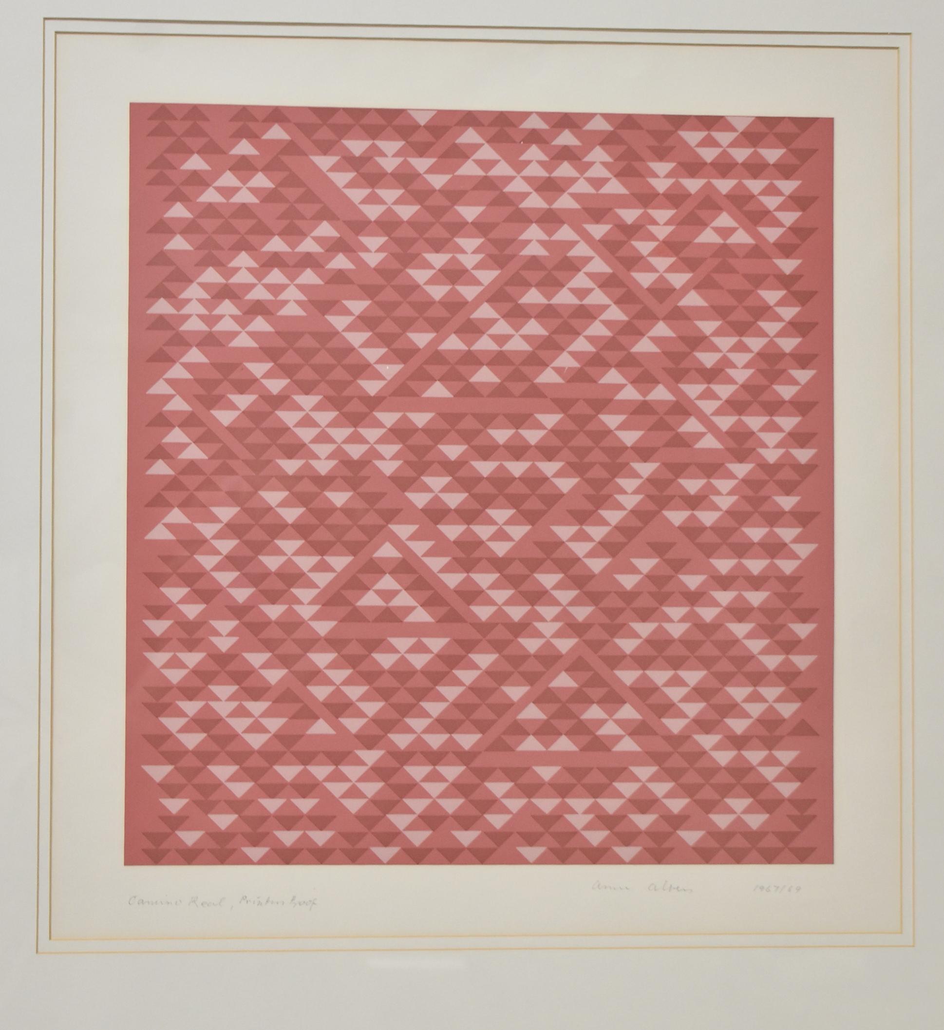 Anni Albers, Camino Real Screen-print Abstraction. Circa 1967-1969. Anni Albers (1899-1994), an artist who played an active part in 20th century modernism yet who has long been overshadowed by her husband, the painter and theoretician Josef Albers.